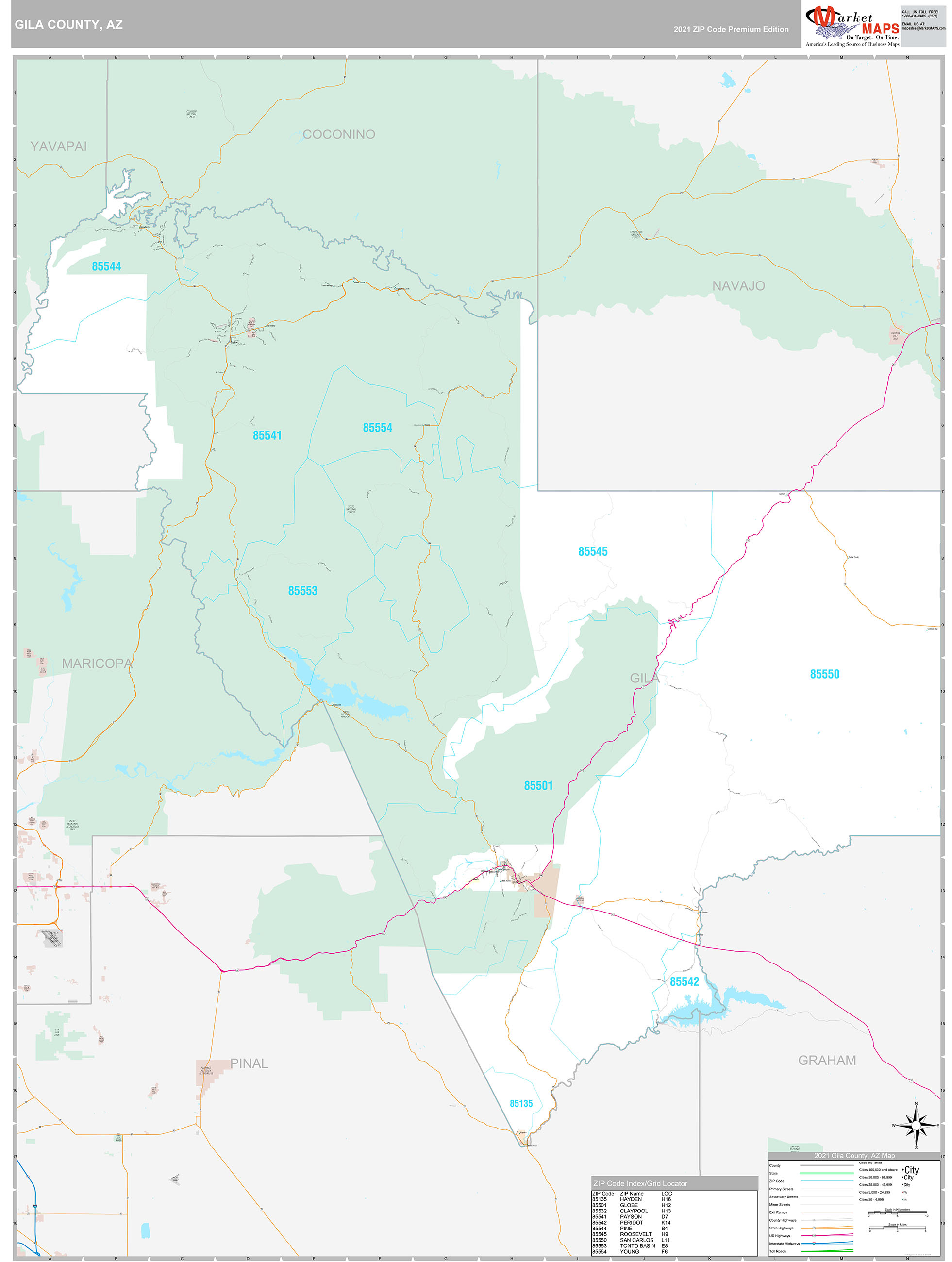 Gila County, AZ Wall Map Premium Style by MarketMAPS MapSales