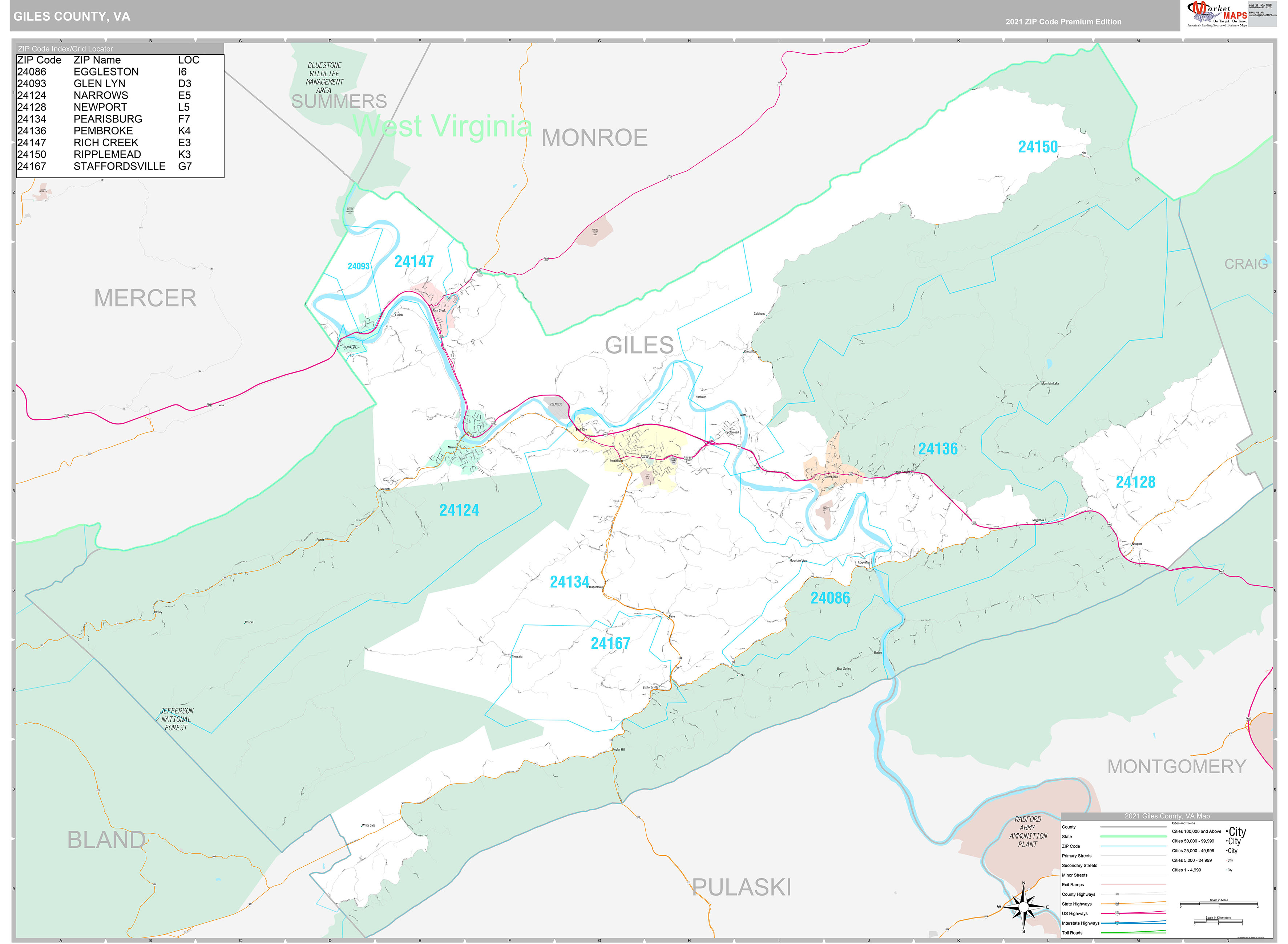 Giles County VA Wall Map Premium Style By MarketMAPS MapSales