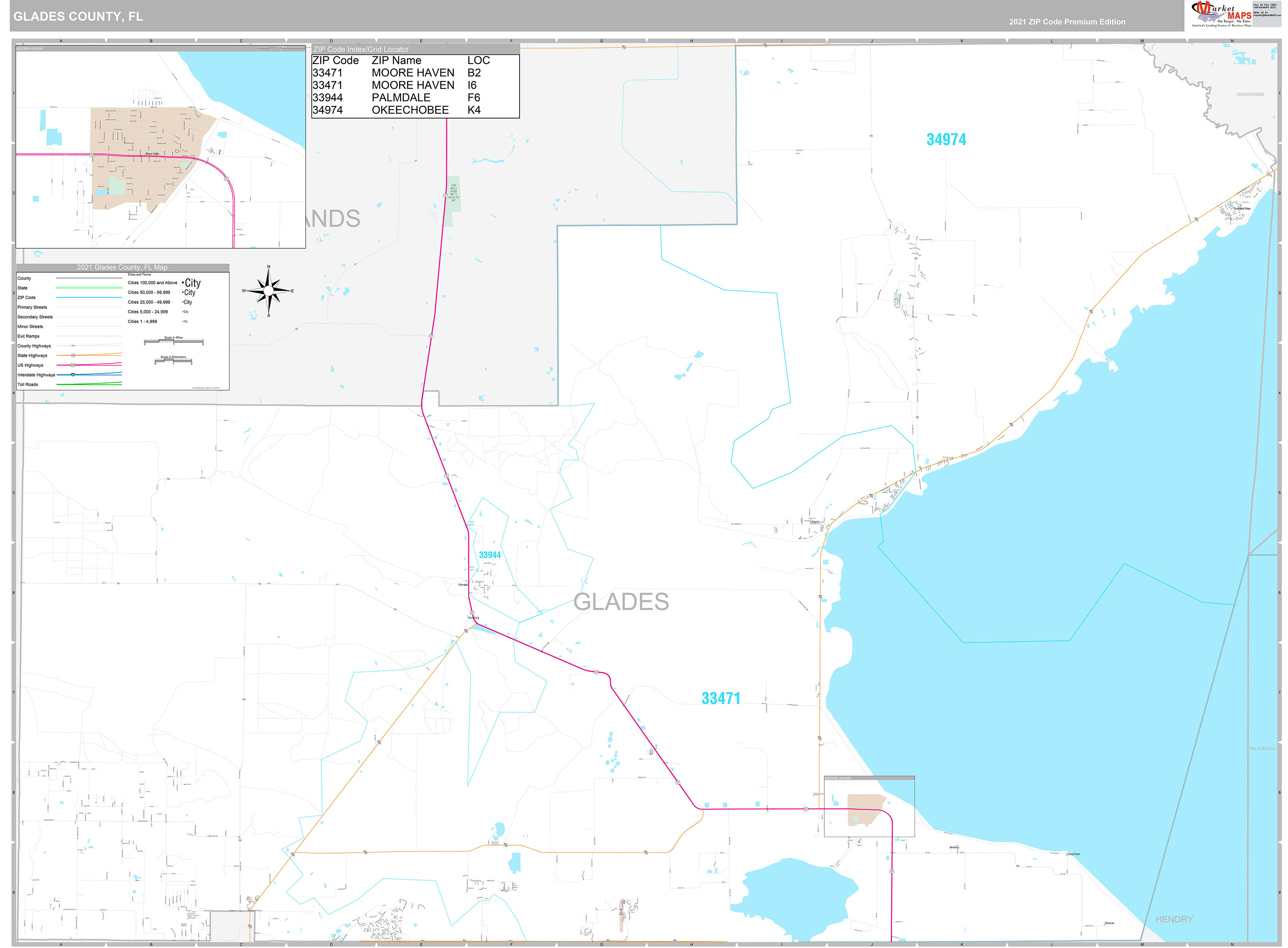 Glades County, FL Wall Map Premium Style by MarketMAPS