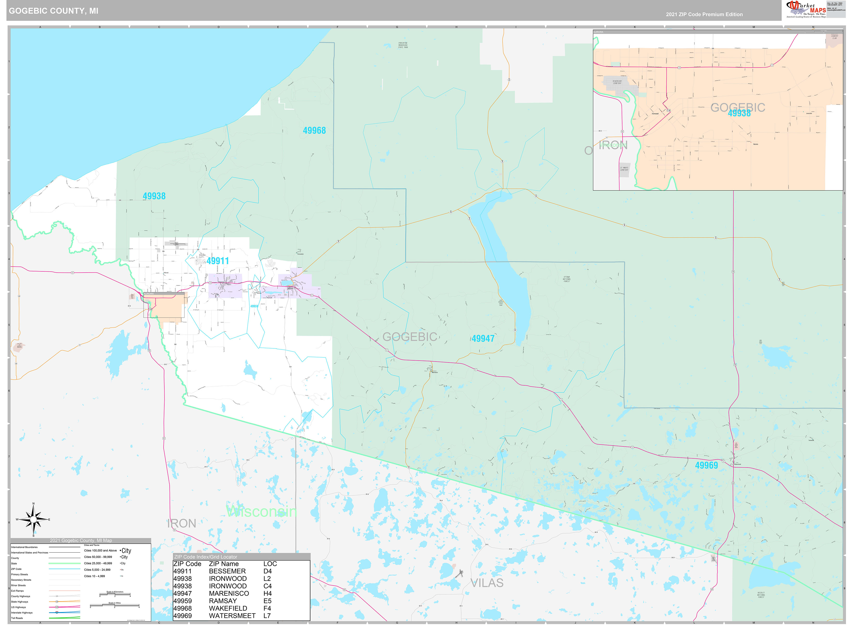 Gogebic County, MI Wall Map Premium Style by MarketMAPS