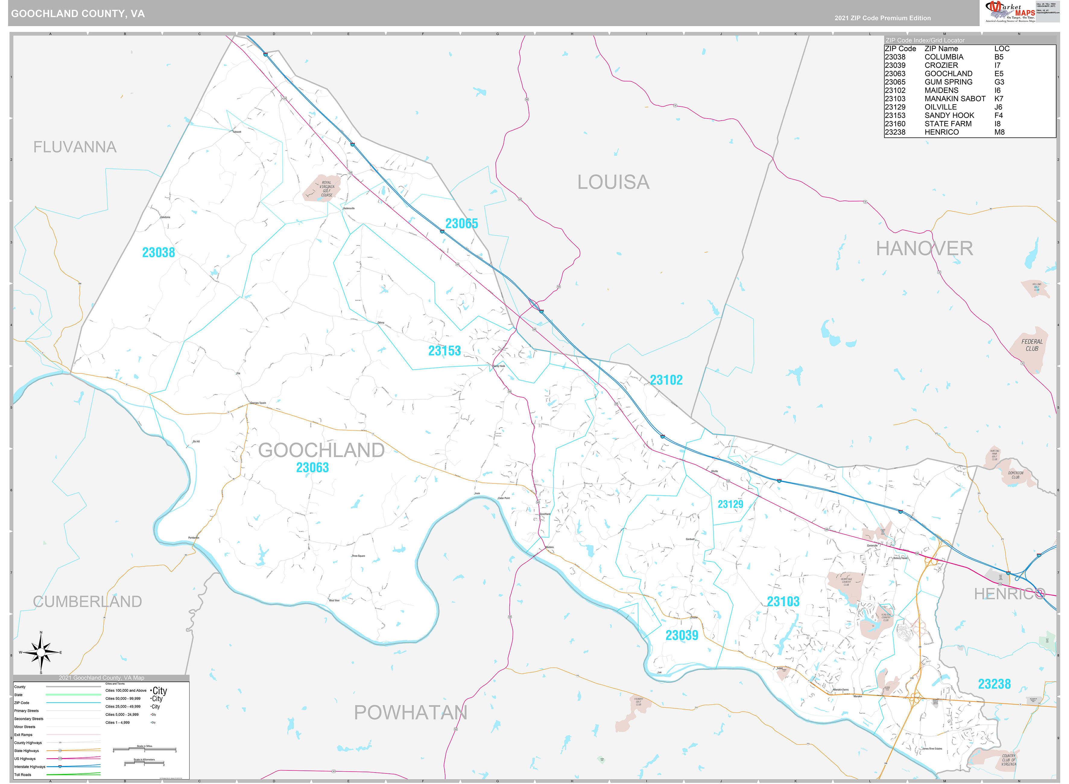 Goochland County, VA Wall Map Premium Style by MarketMAPS MapSales