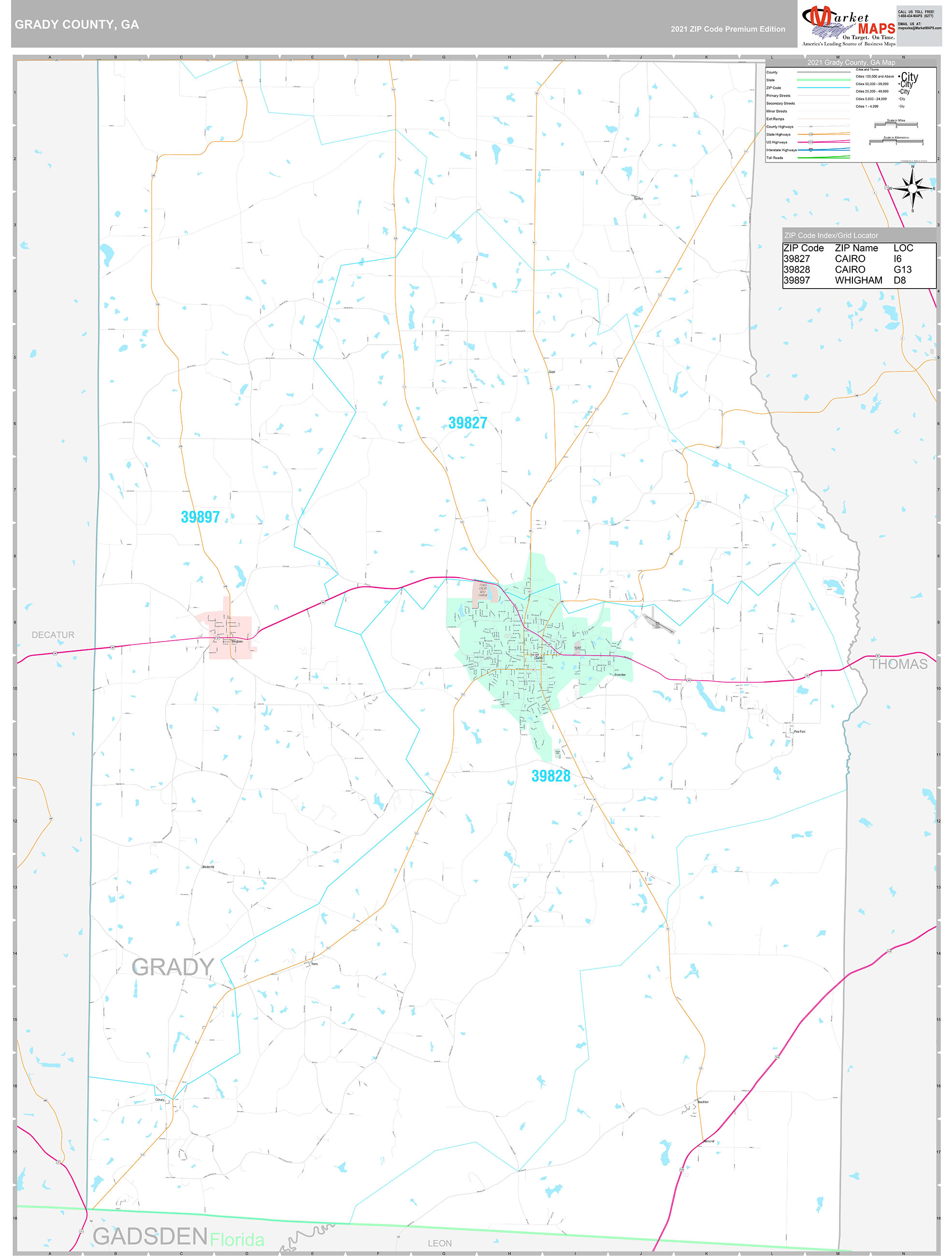 Grady County, GA Wall Map Premium Style by MarketMAPS