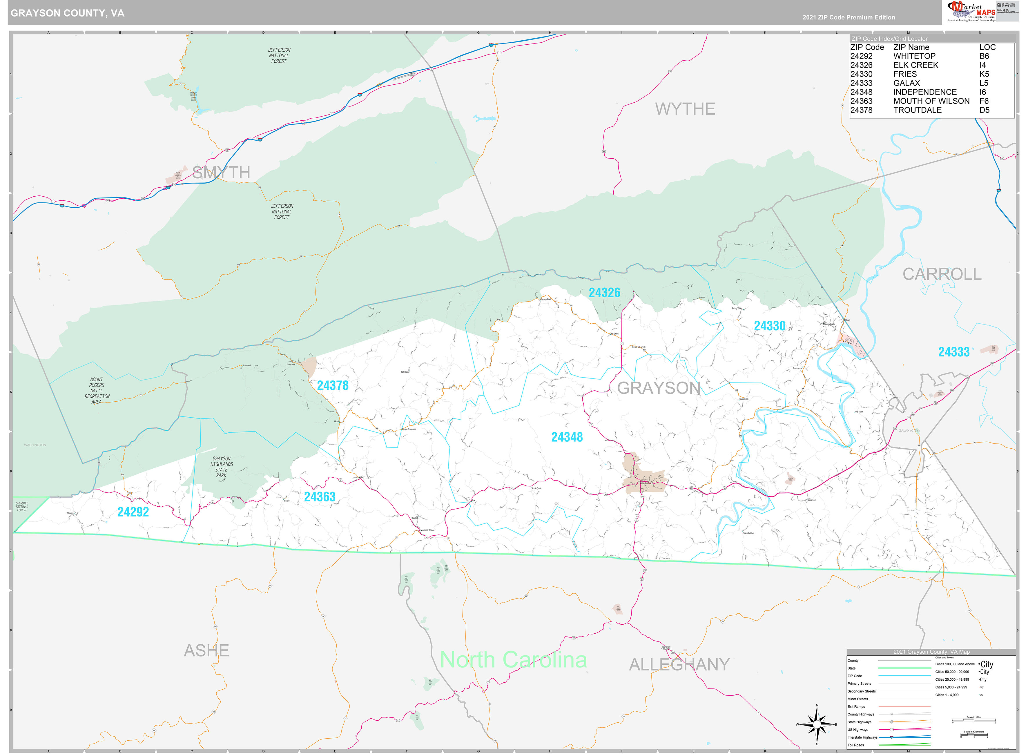 Grayson County, VA Wall Map Premium Style by MarketMAPS