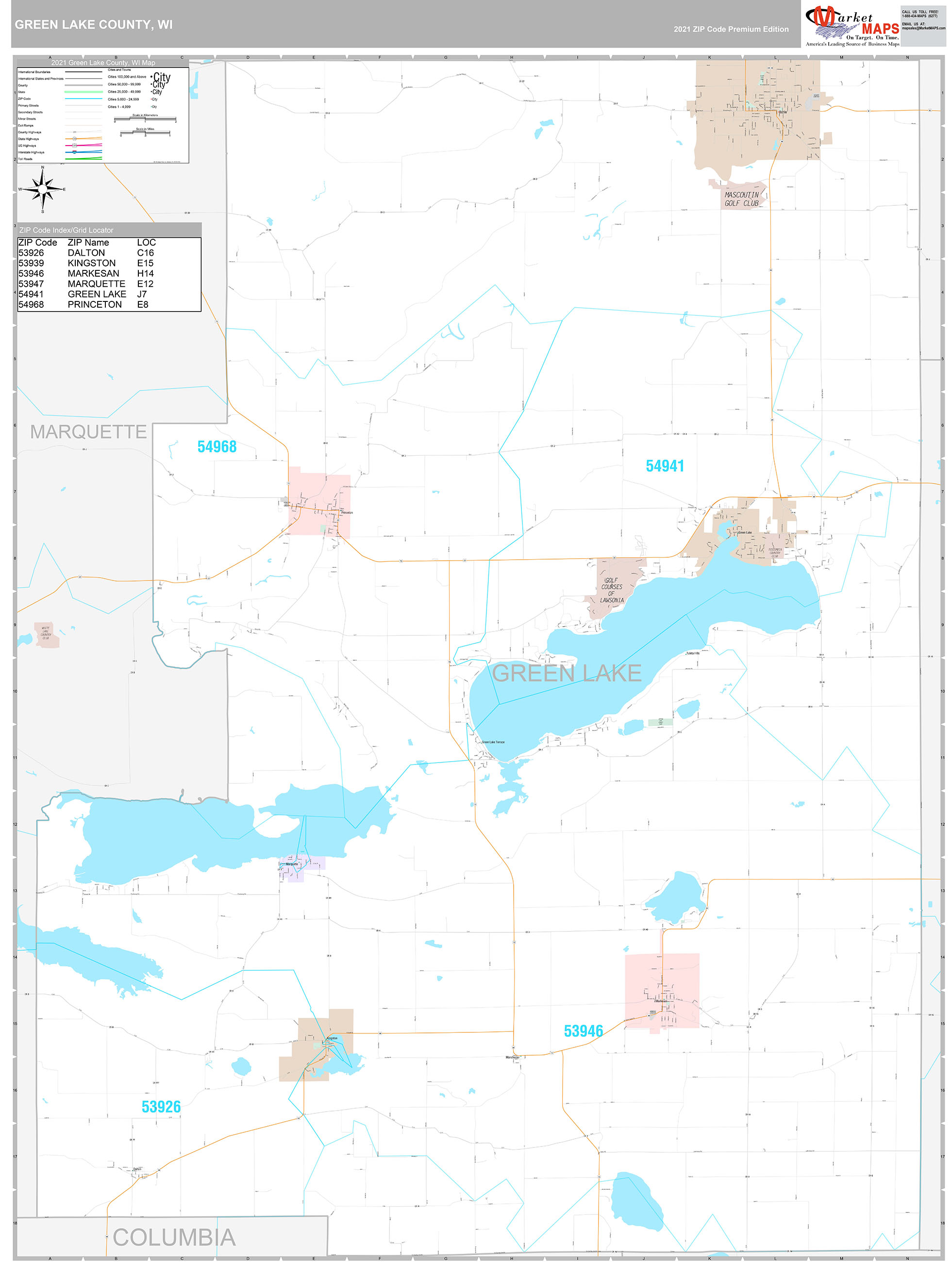Green Lake County, WI Wall Map Premium Style by MarketMAPS