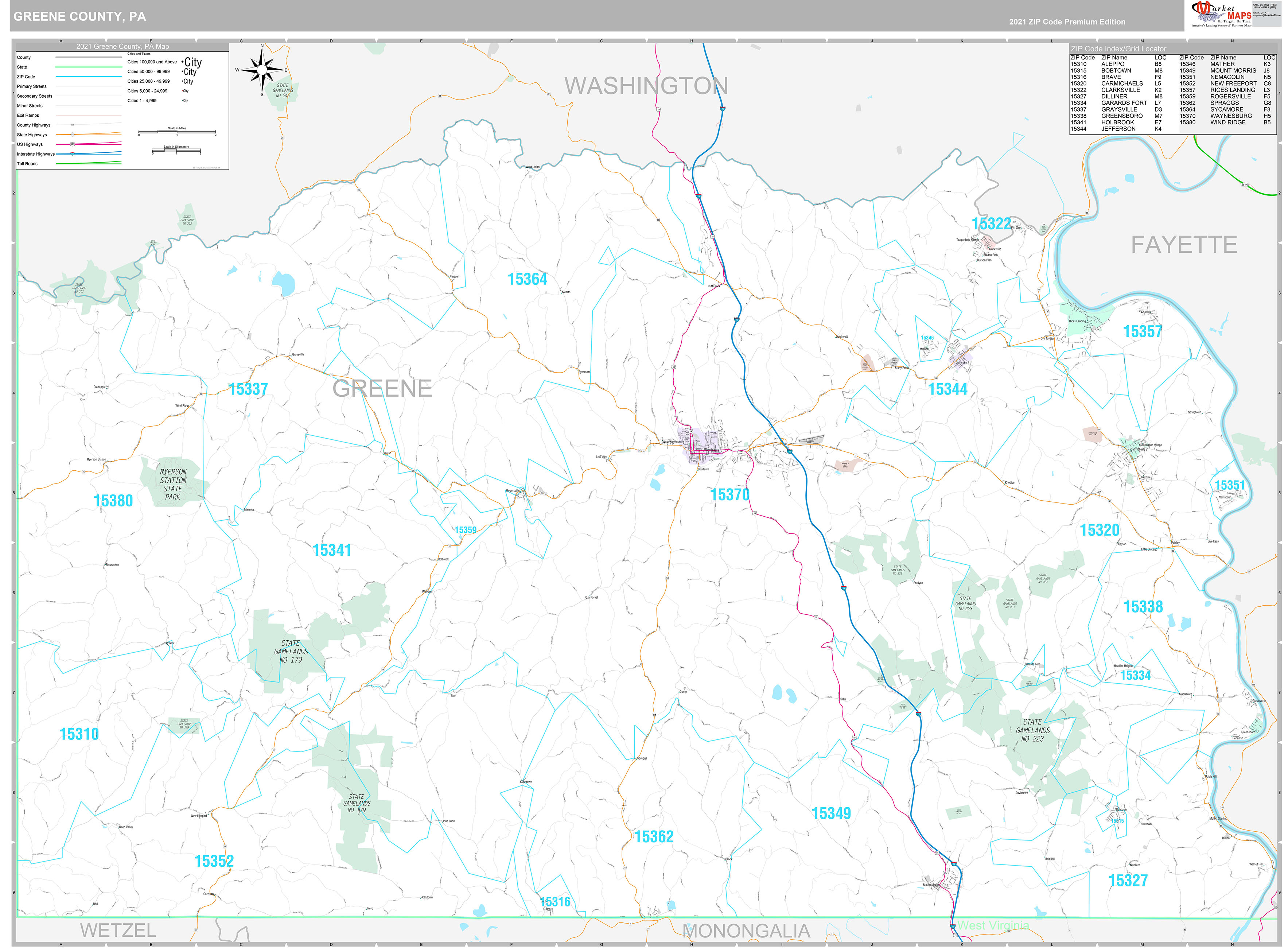 Greene County, PA Wall Map Premium Style by MarketMAPS MapSales
