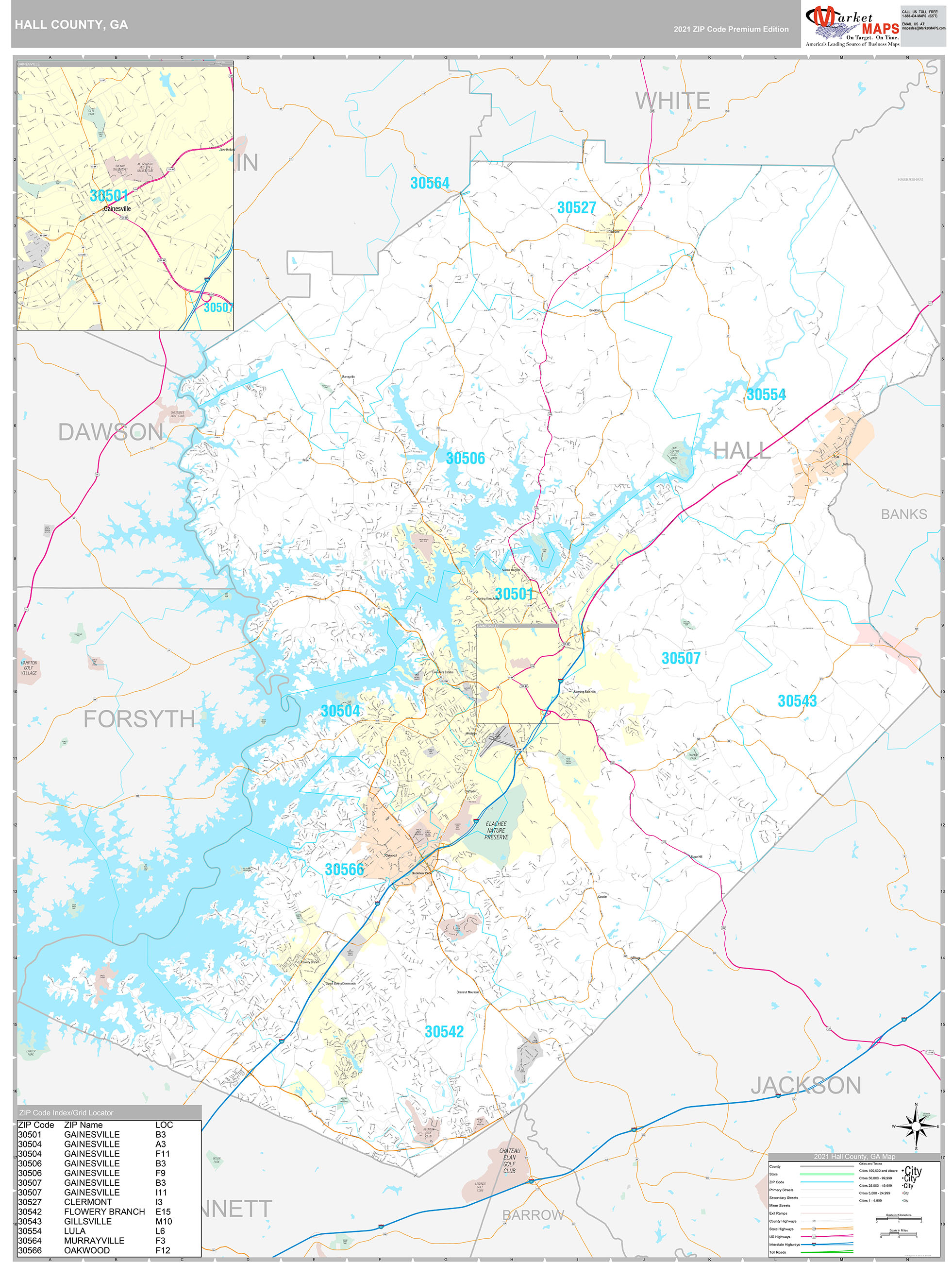 Hall County, GA Wall Map Premium Style by MarketMAPS