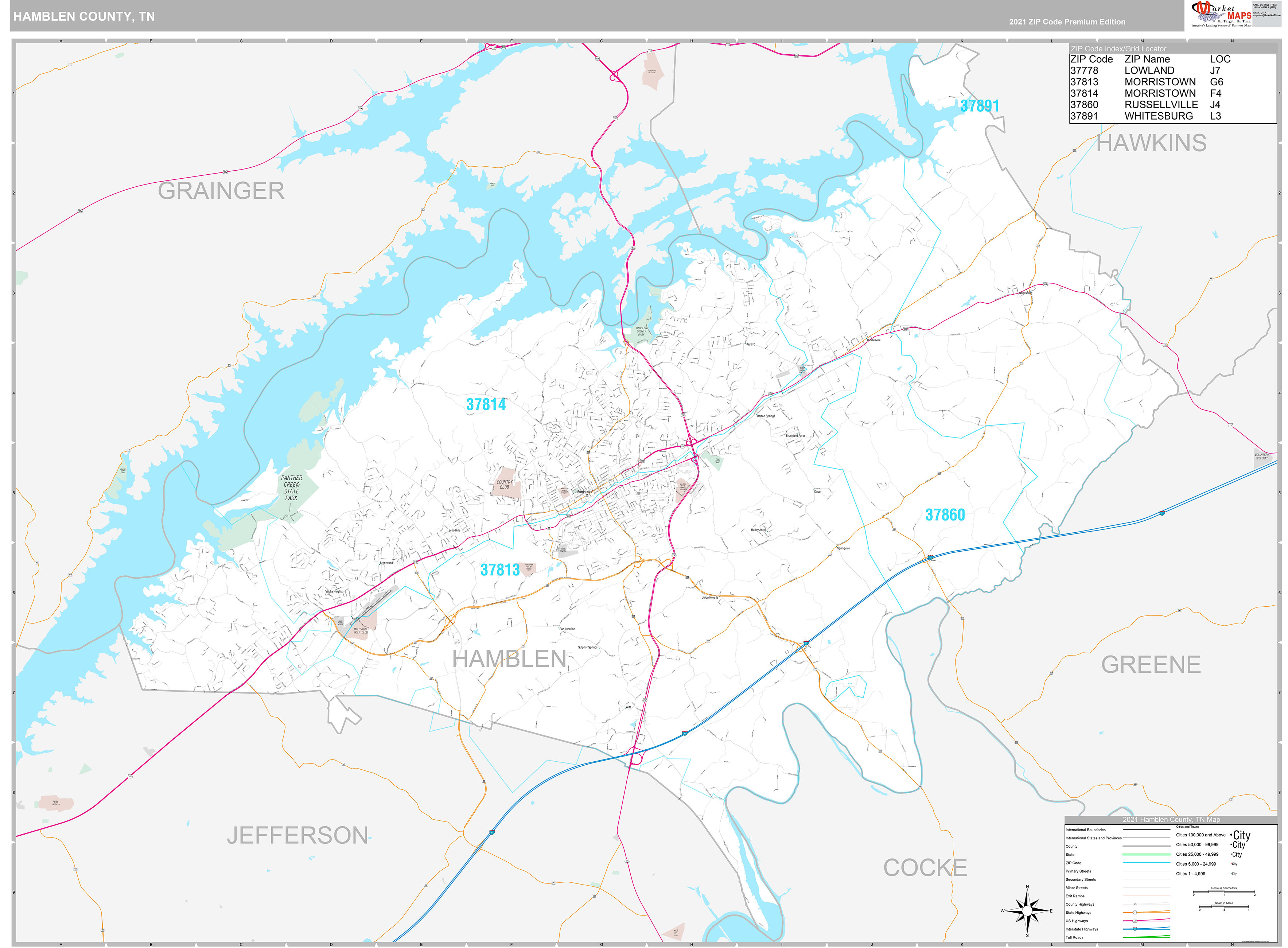 Hamblen County, TN Wall Map Premium Style by MarketMAPS MapSales