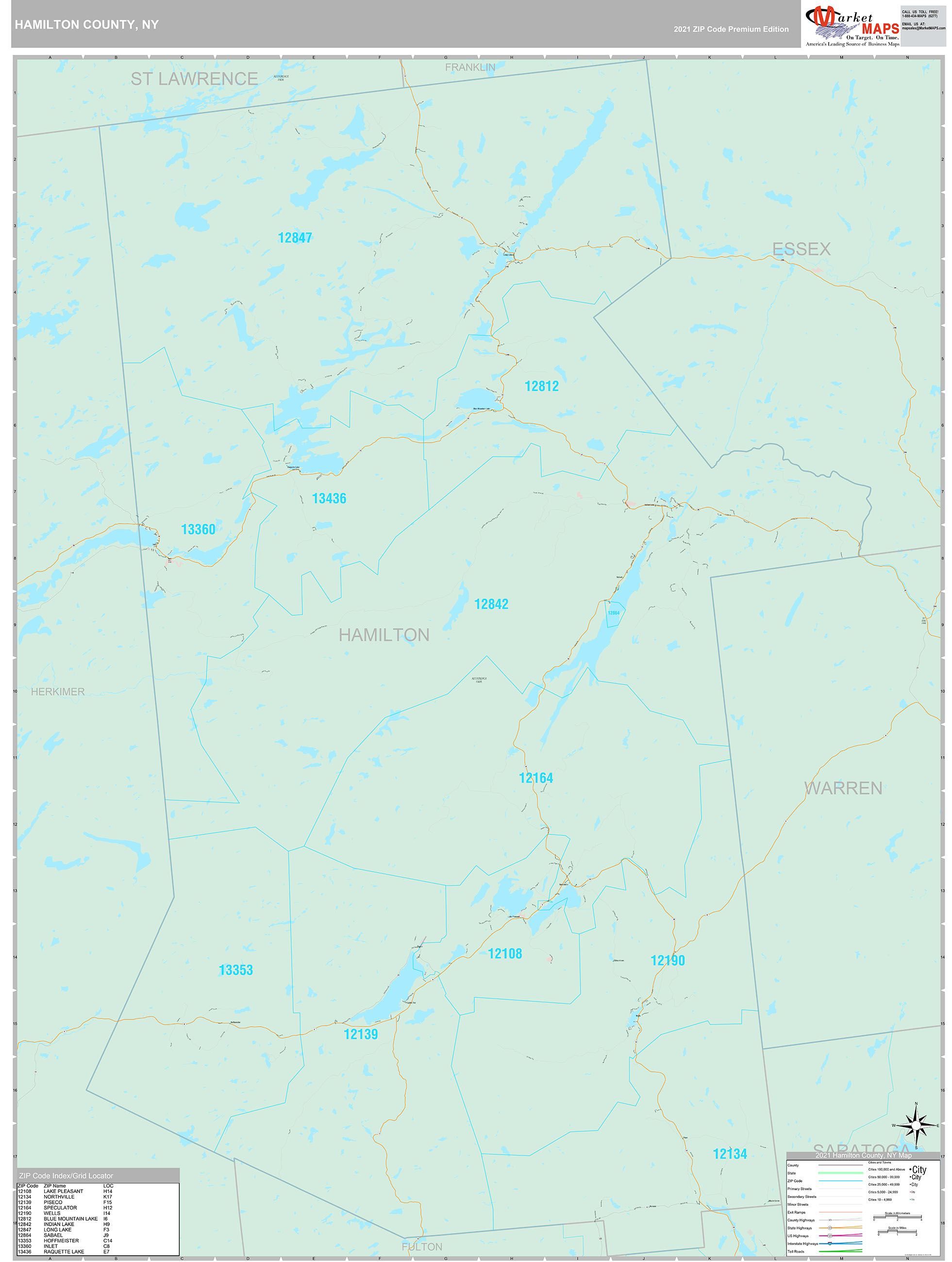 Hamilton County, NY Wall Map Premium Style by MarketMAPS MapSales
