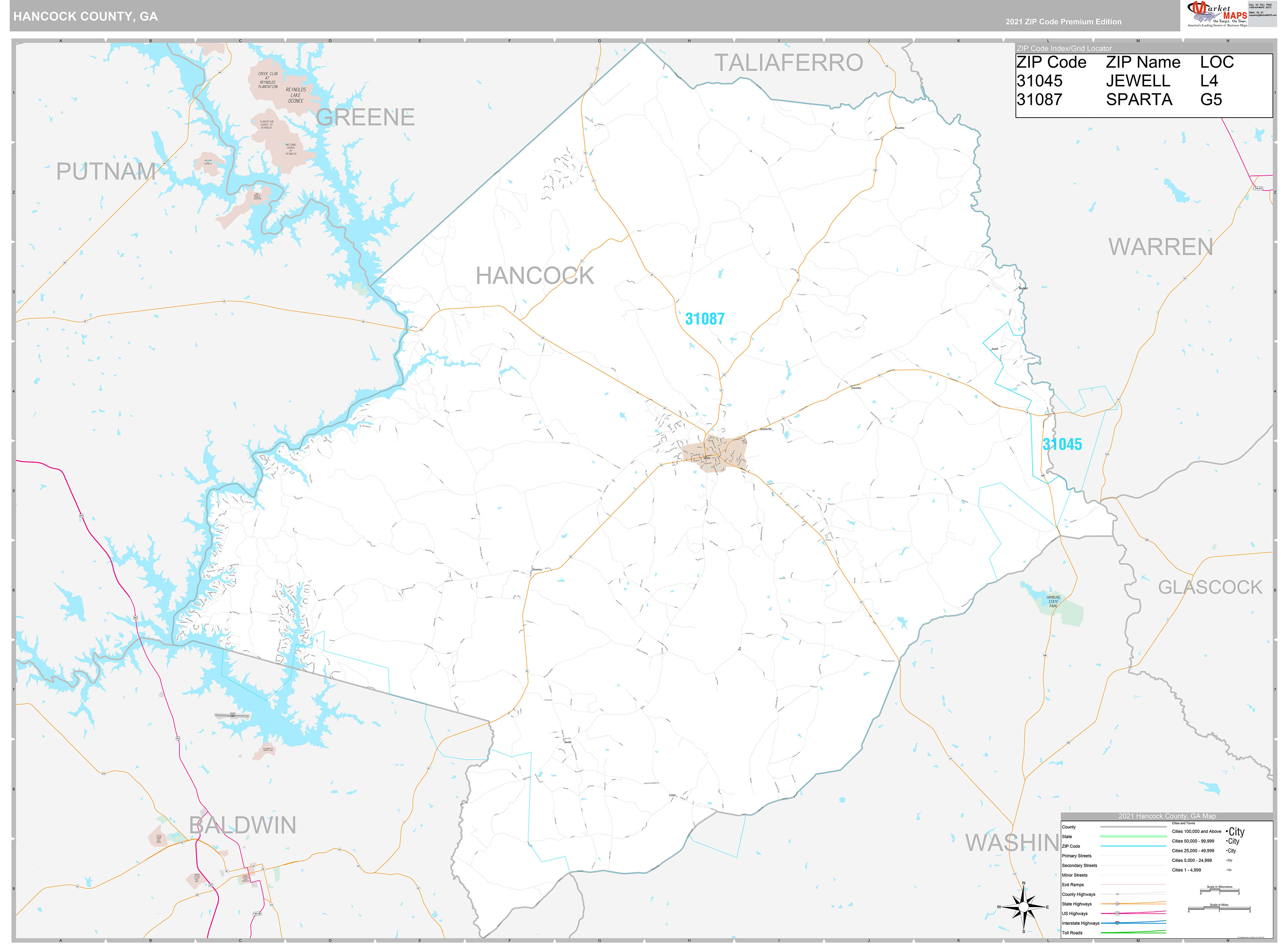 Hancock County, GA Wall Map Premium Style by MarketMAPS