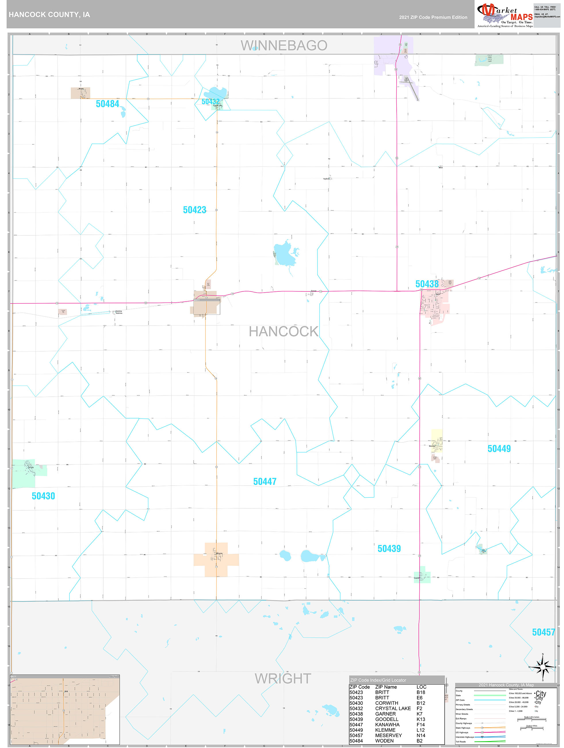 Hancock County, IA Wall Map Premium Style by MarketMAPS