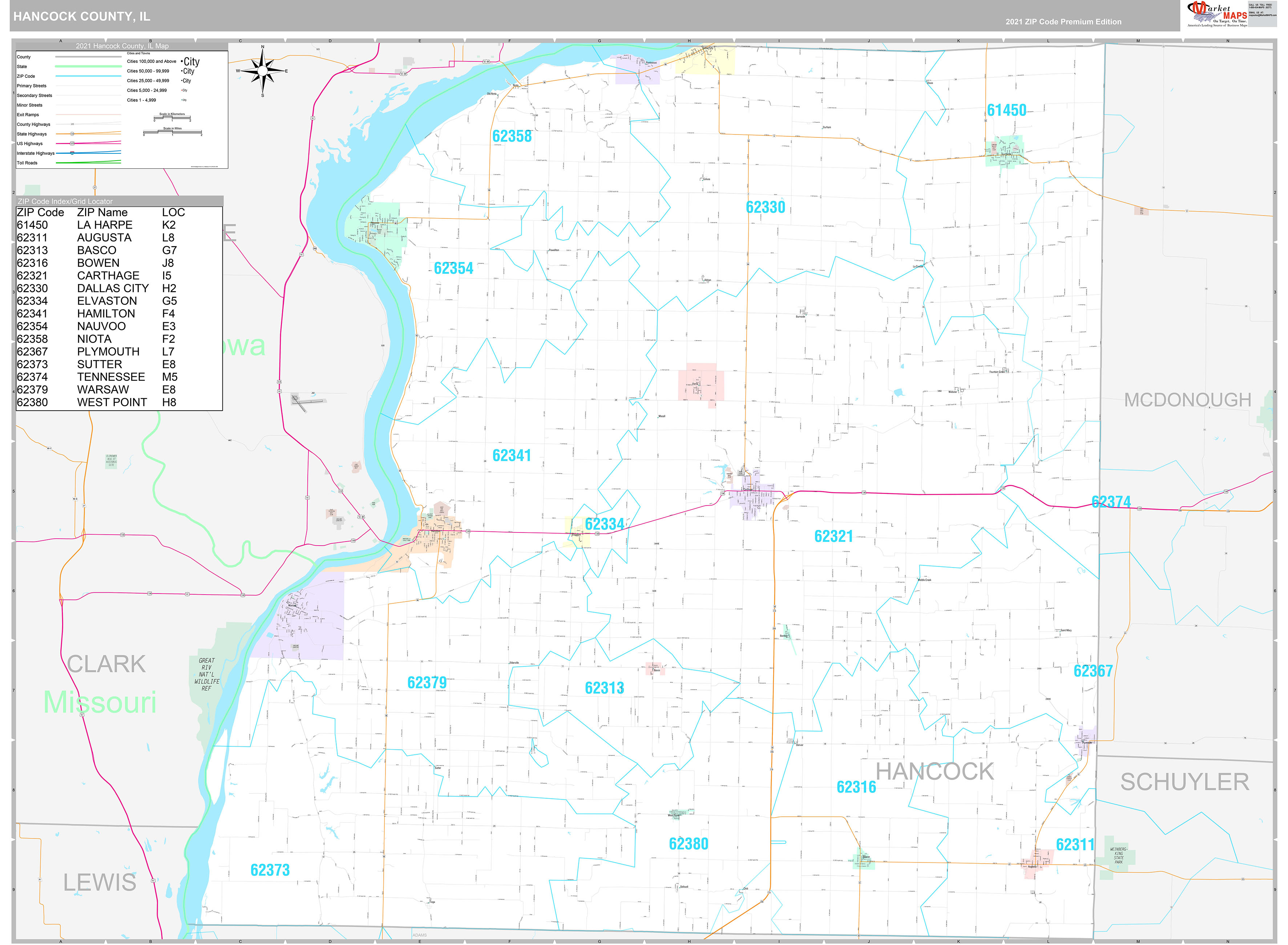 Hancock County, IL Wall Map Premium Style by MarketMAPS