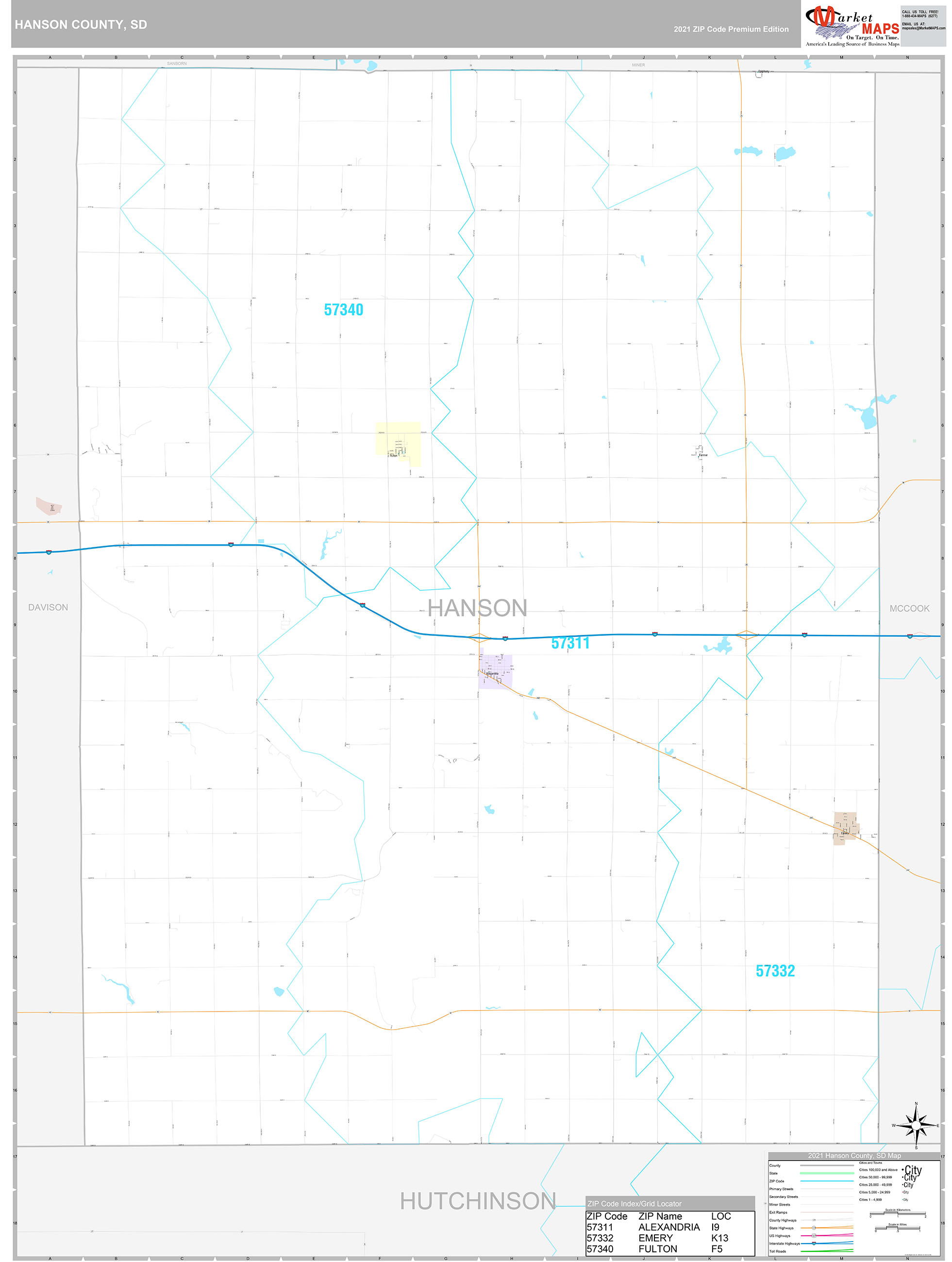 Hanson County, SD Wall Map Premium Style by MarketMAPS