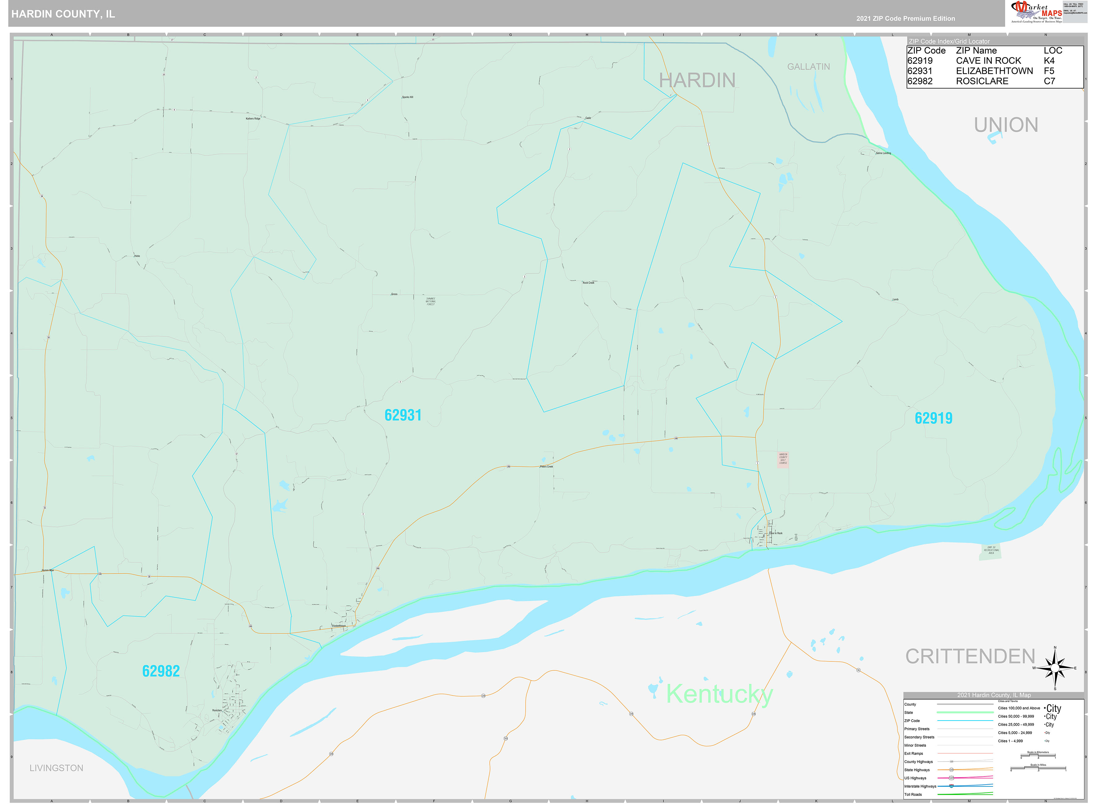 Hardin County, IL Wall Map Premium Style by MarketMAPS