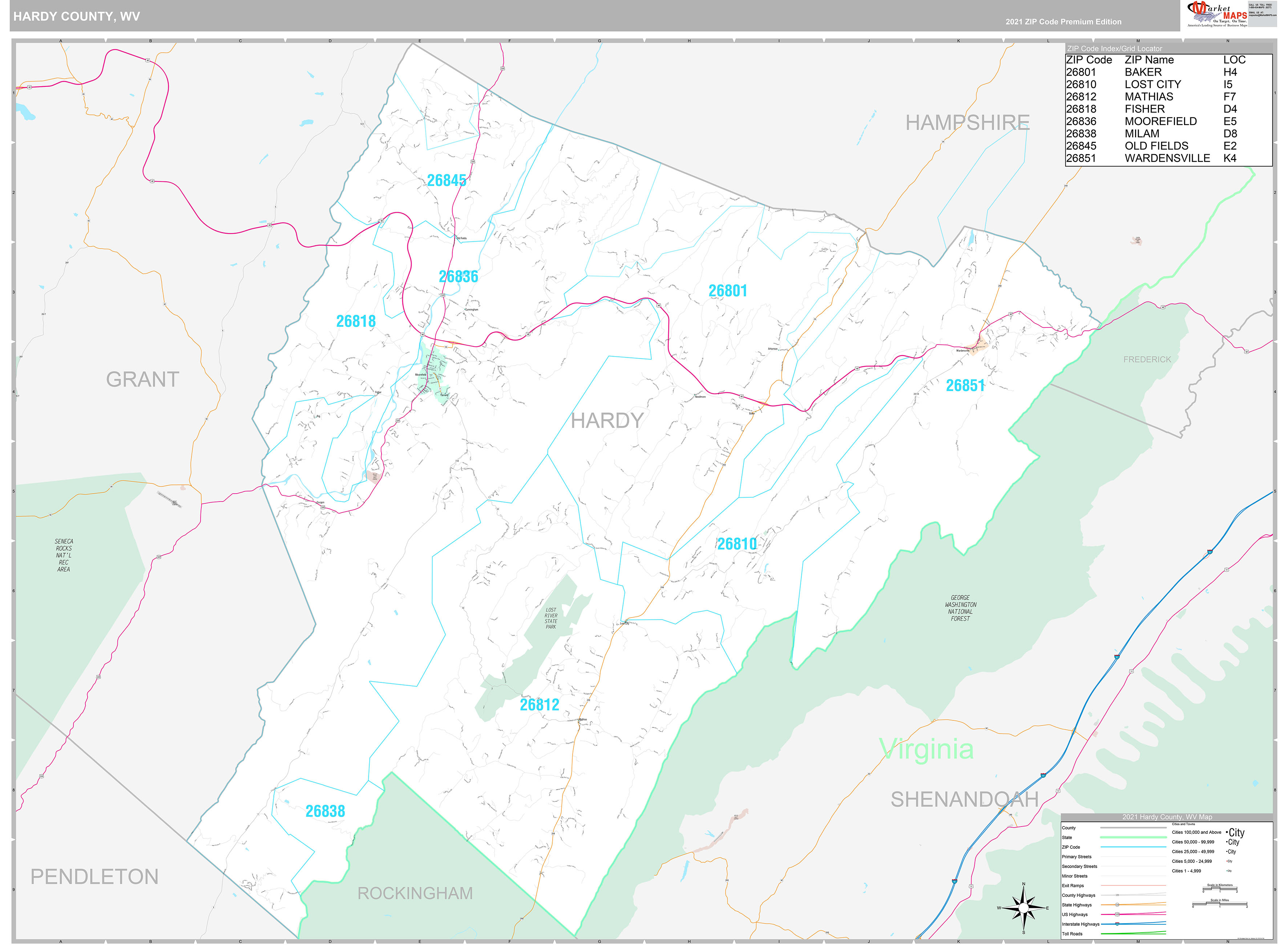 Hardy County, WV Wall Map Premium Style by MarketMAPS