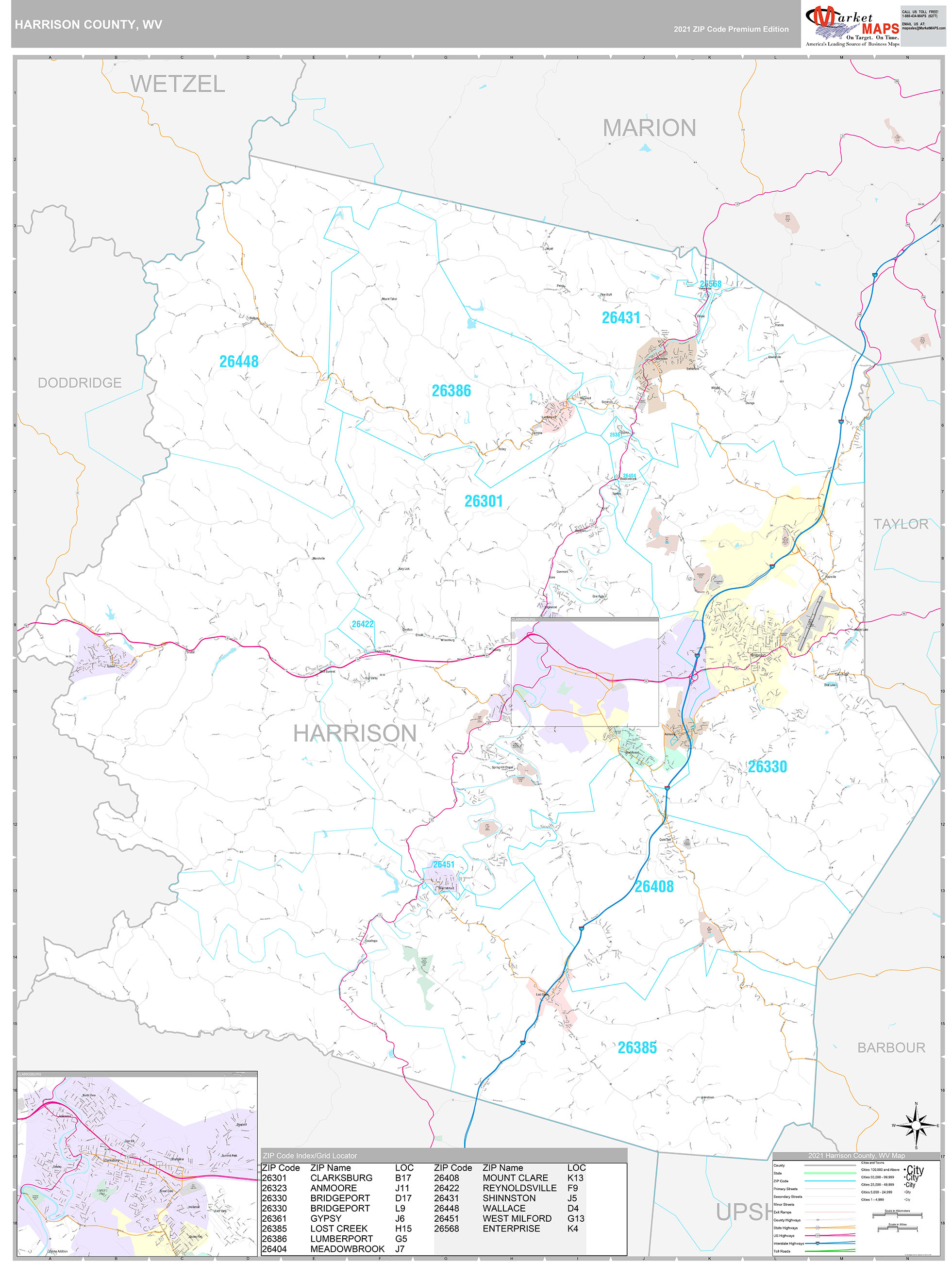 Harrison County, WV Wall Map Premium Style by MarketMAPS