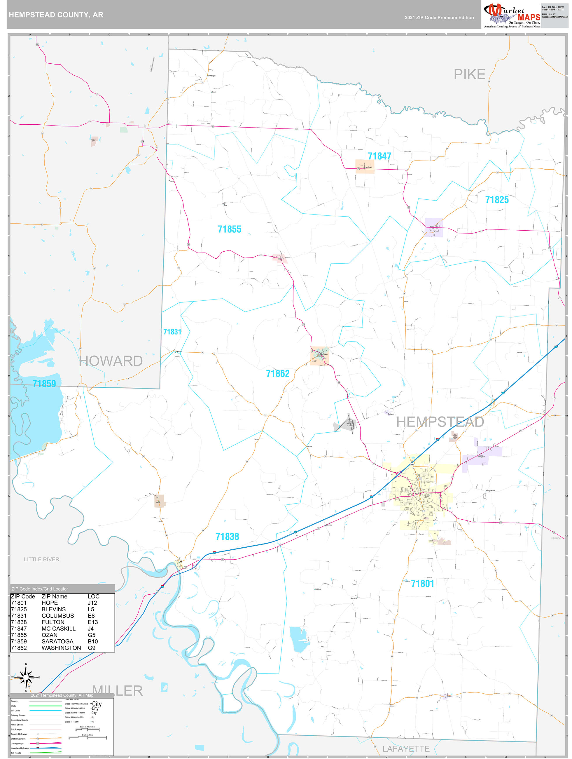Hempstead County, AR Wall Map Premium Style by MarketMAPS MapSales