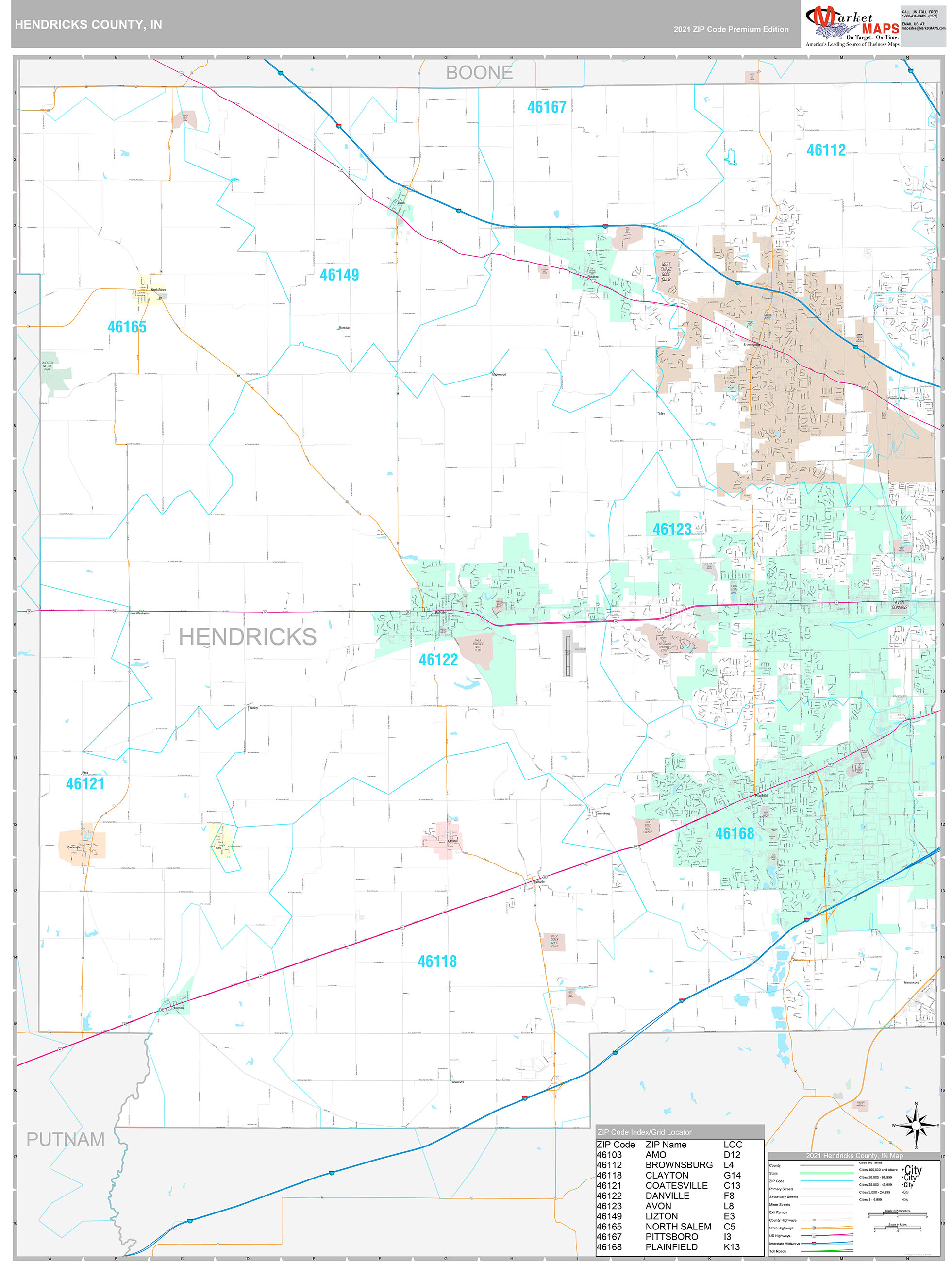 Hendricks County, IN Wall Map Premium Style by MarketMAPS MapSales