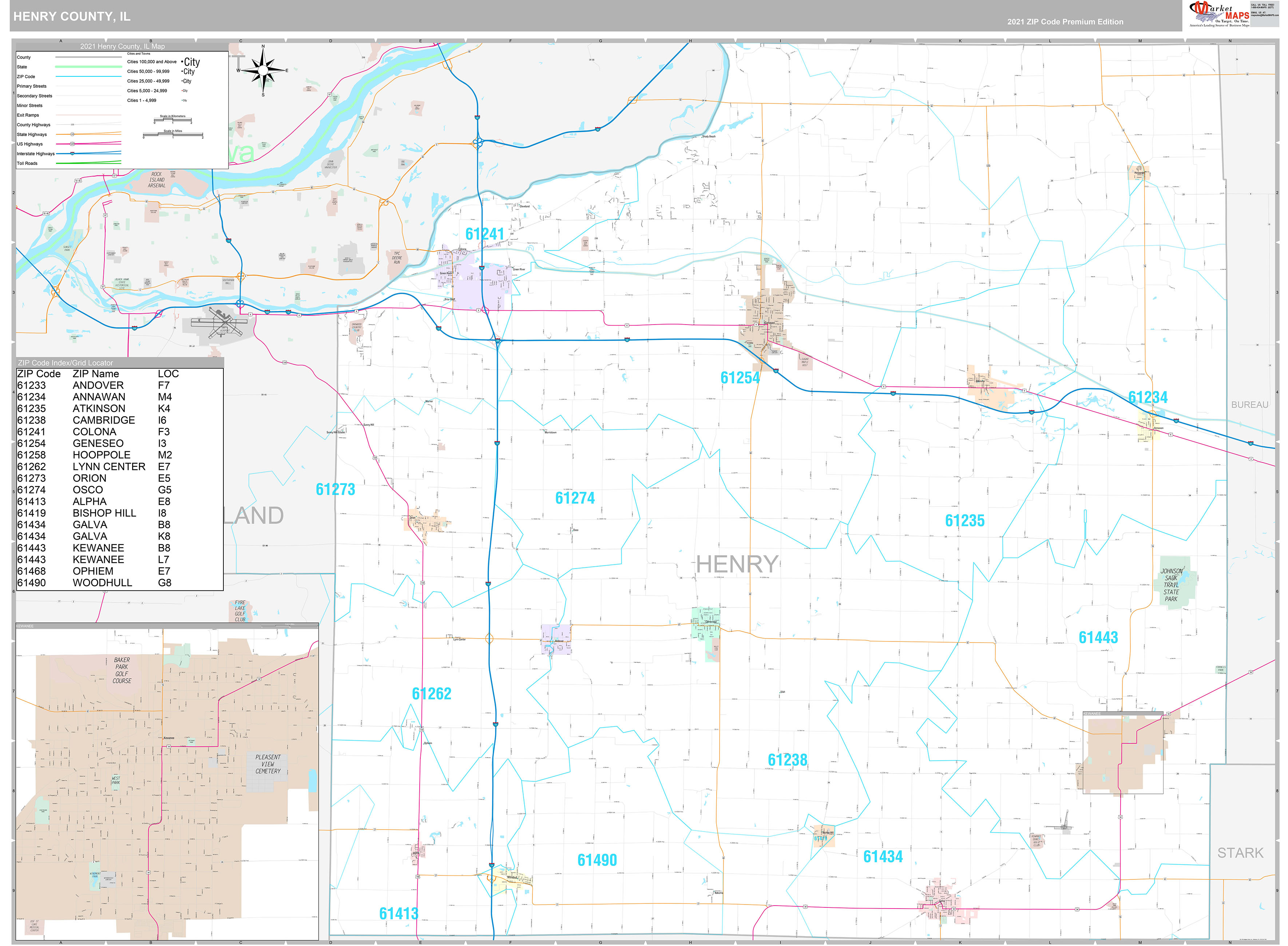 Henry County, IL Wall Map Premium Style by MarketMAPS