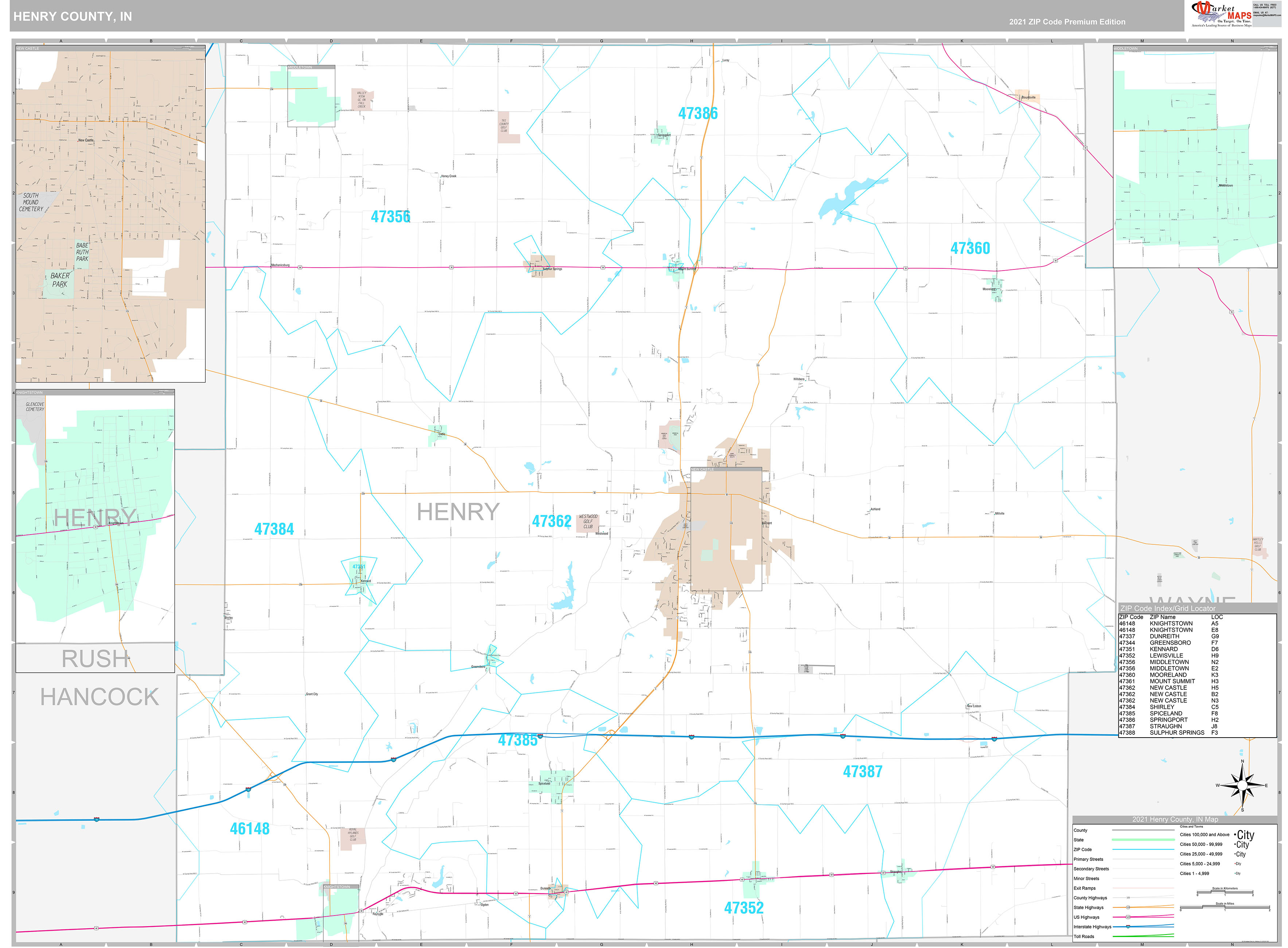 Henry County, IN Wall Map Premium Style by MarketMAPS MapSales