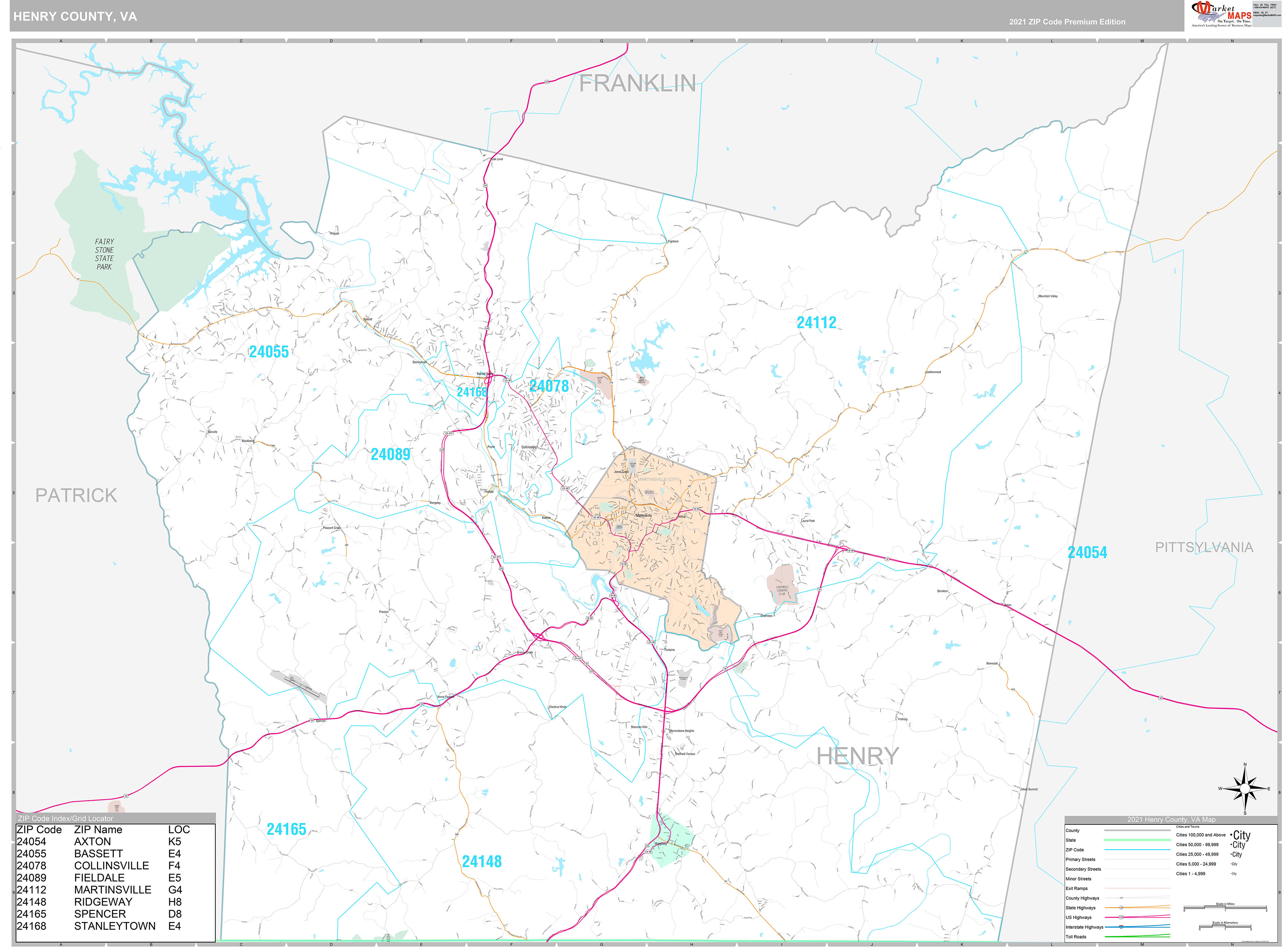 Henry County, VA Wall Map Premium Style by MarketMAPS MapSales