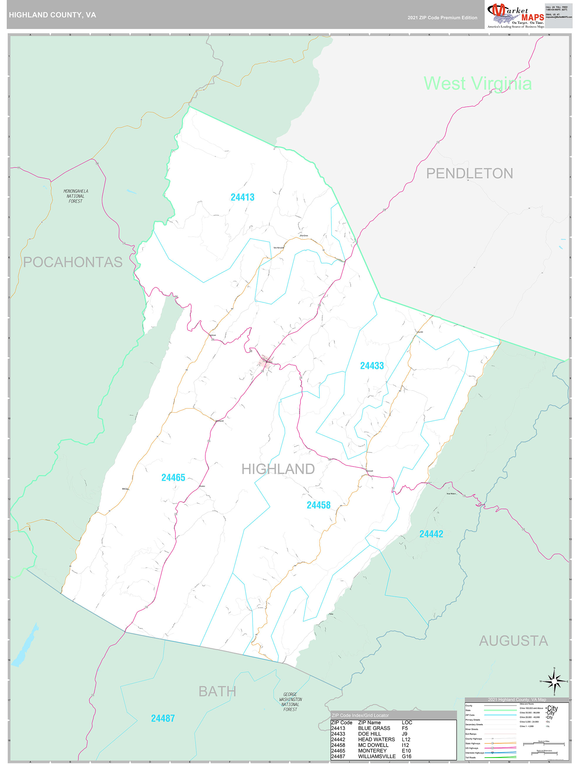 Highland County, VA Wall Map Premium Style by MarketMAPS MapSales