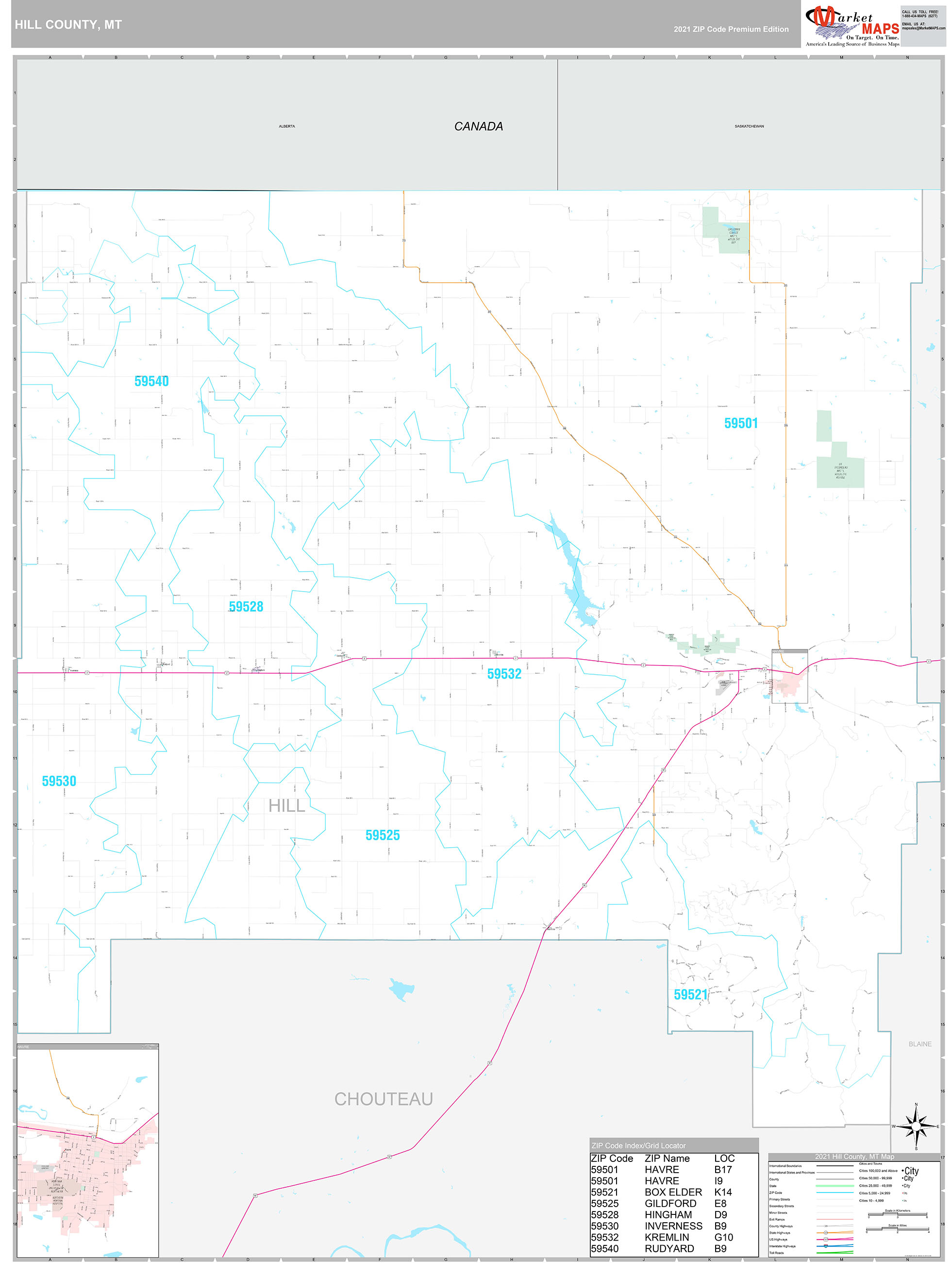 Hill County, MT Wall Map Premium Style by MarketMAPS MapSales