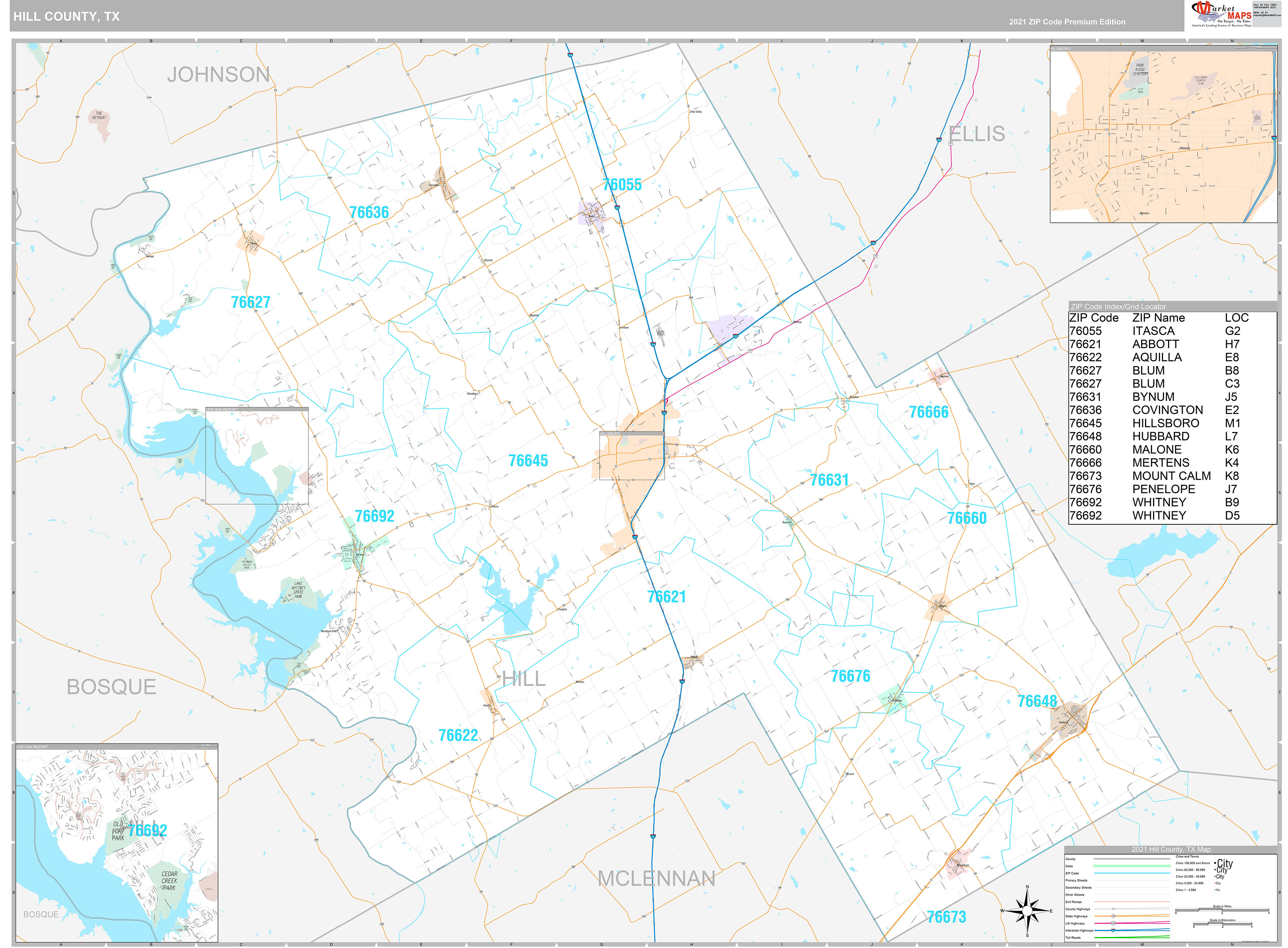 Hill County, TX Wall Map Premium Style by MarketMAPS MapSales