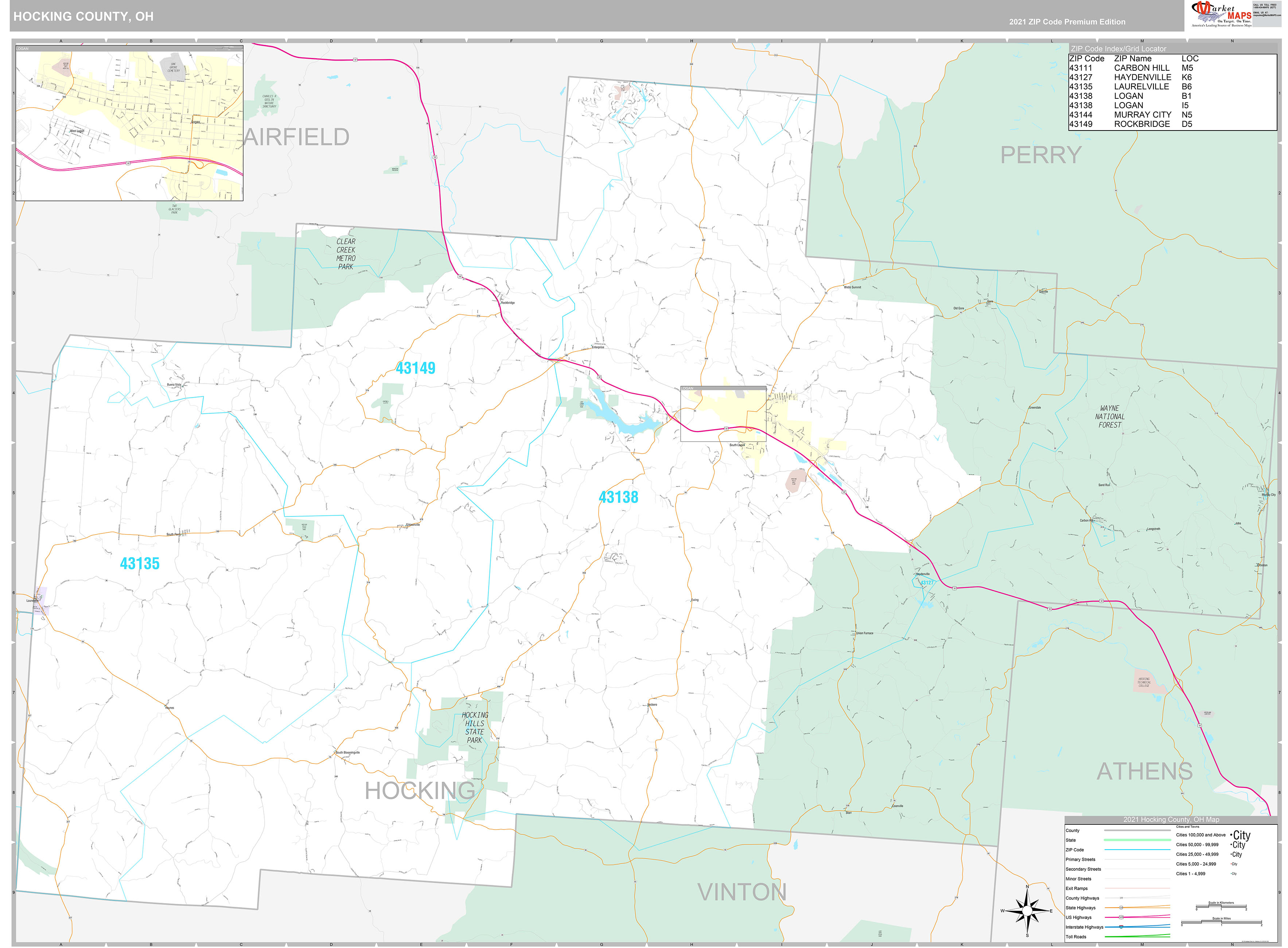 Hocking County, OH Wall Map Premium Style by MarketMAPS