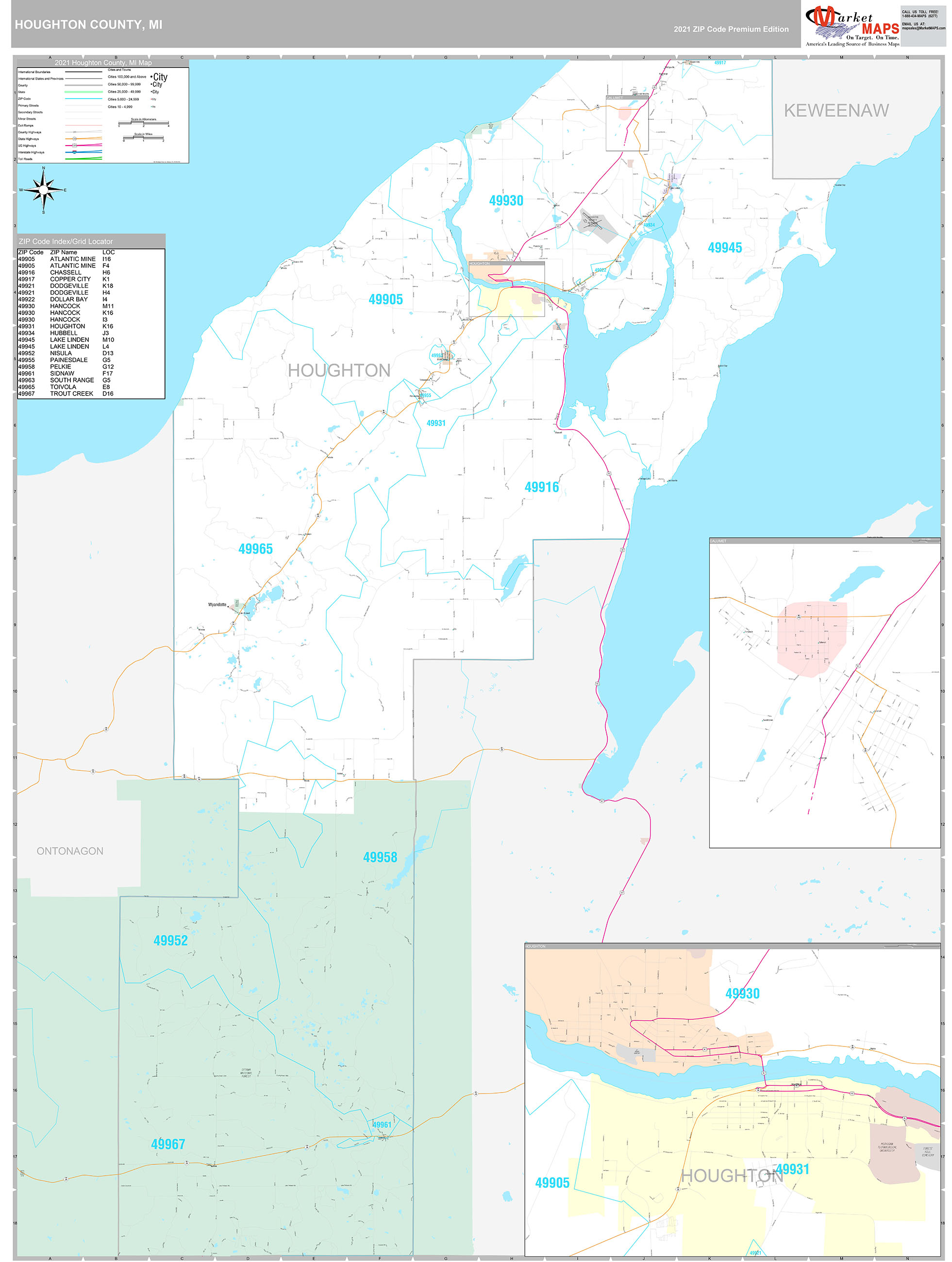 Houghton County, MI Wall Map Premium Style by MarketMAPS