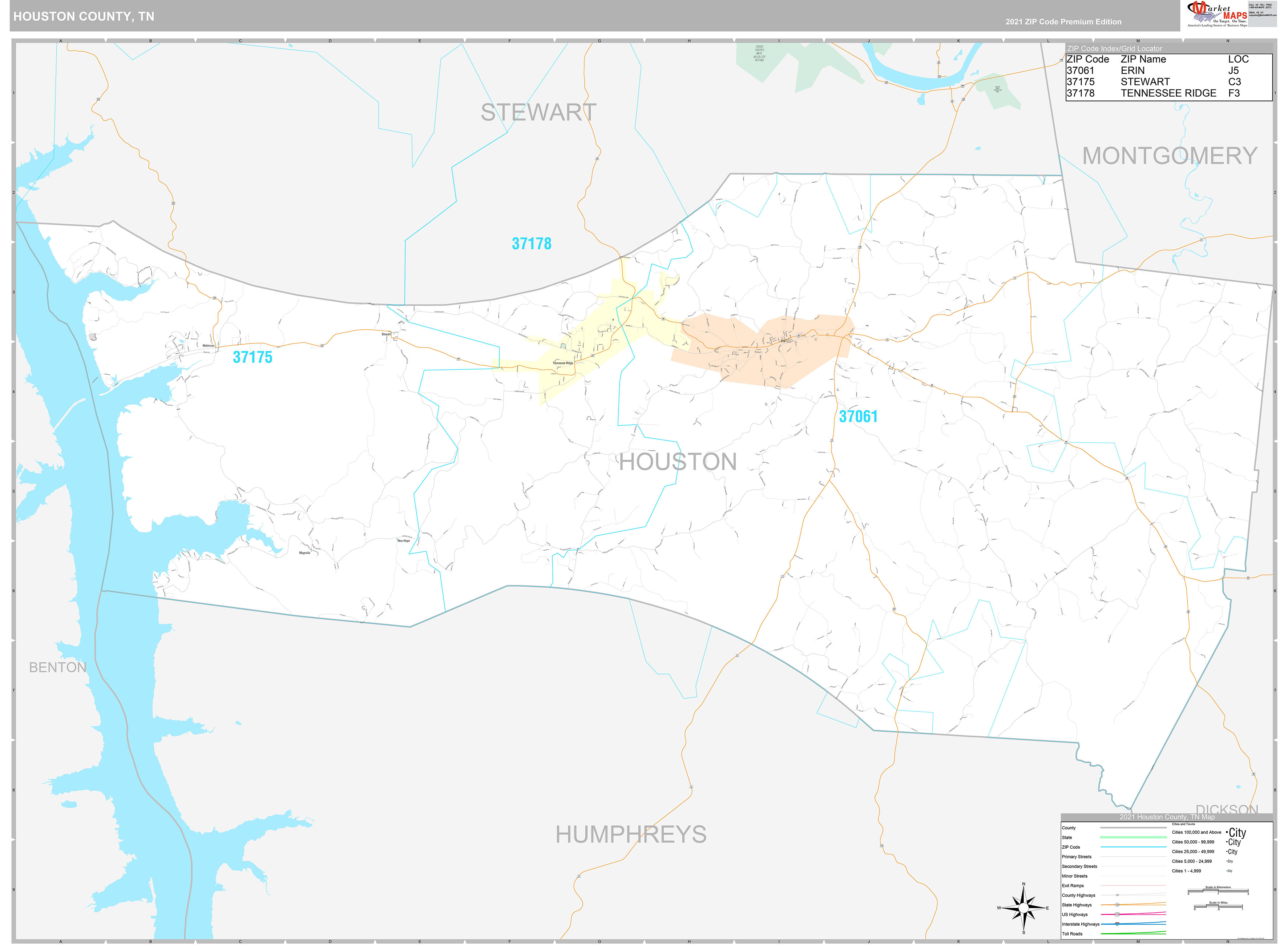 Houston County, TN Wall Map Premium Style by MarketMAPS