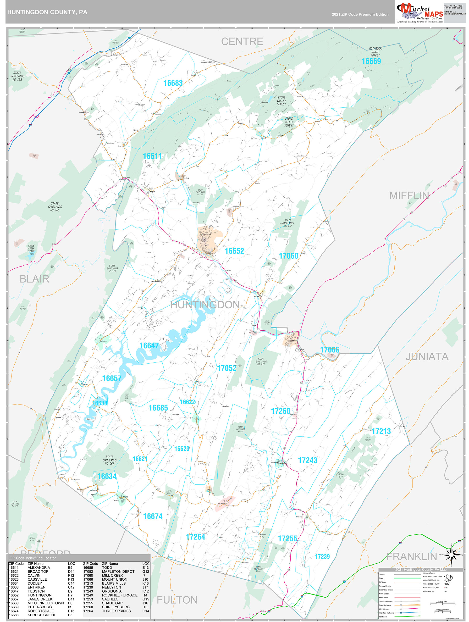 Huntingdon County, PA Wall Map Premium Style by MarketMAPS