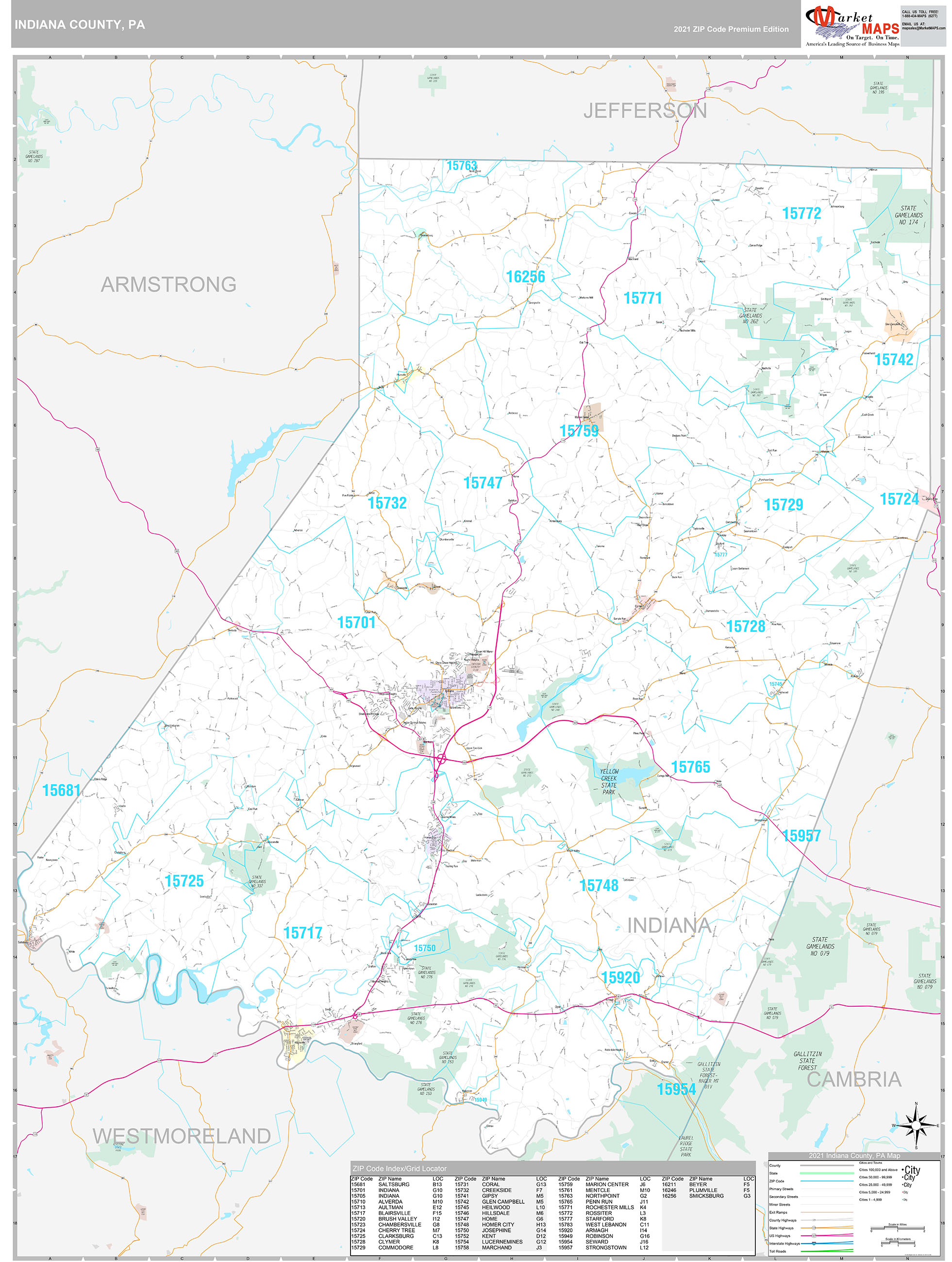 Indiana County, PA Wall Map Premium Style by MarketMAPS