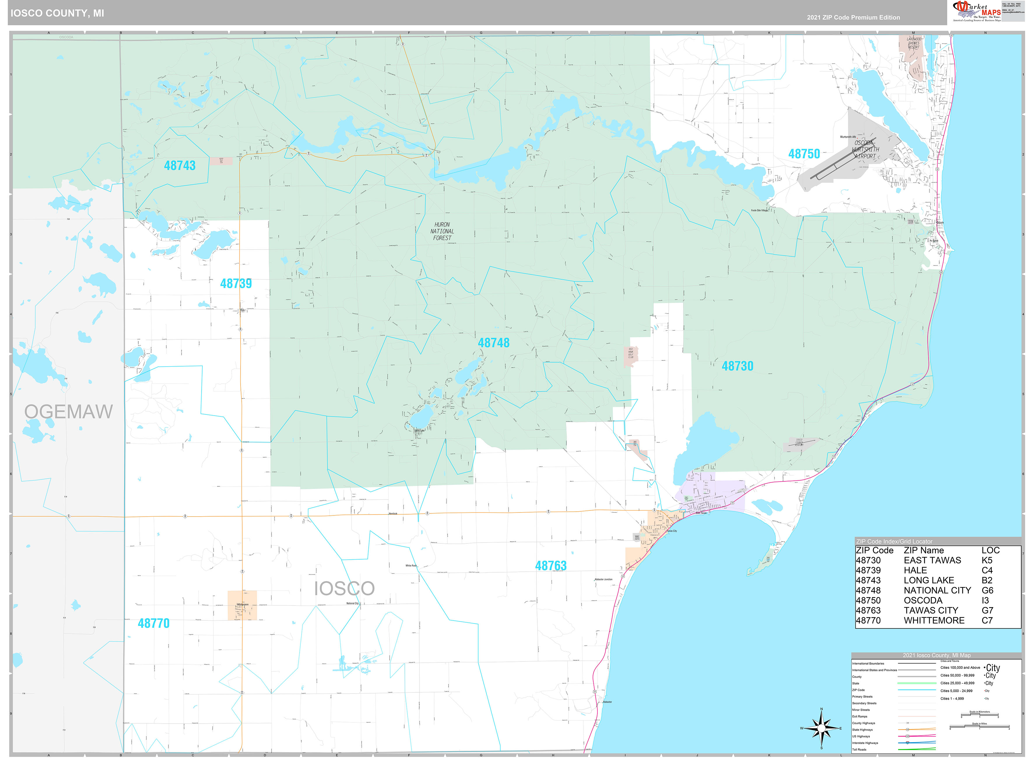 Iosco County, MI Wall Map Premium Style by MarketMAPS