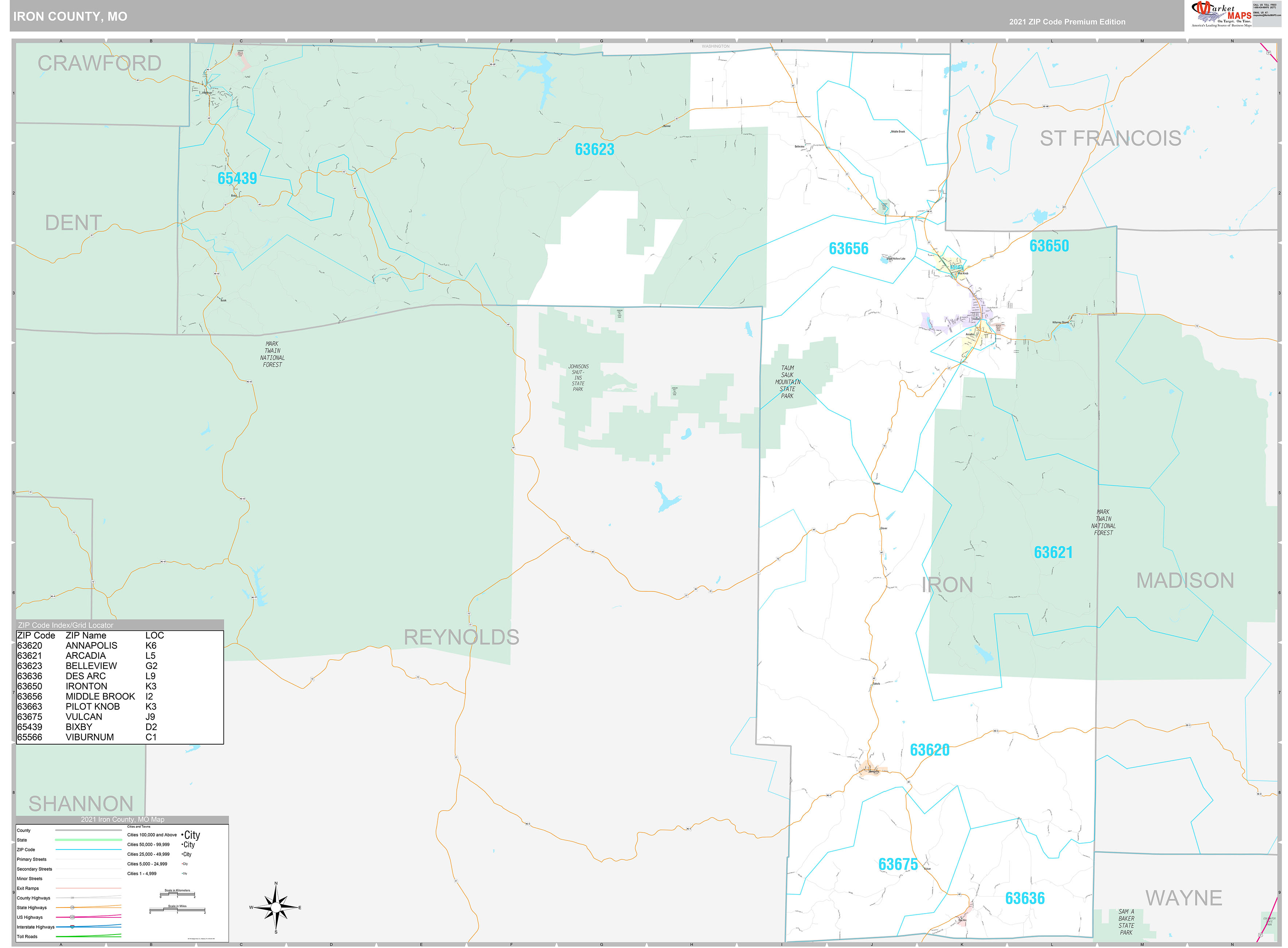 Iron County, MO Wall Map Premium Style by MarketMAPS