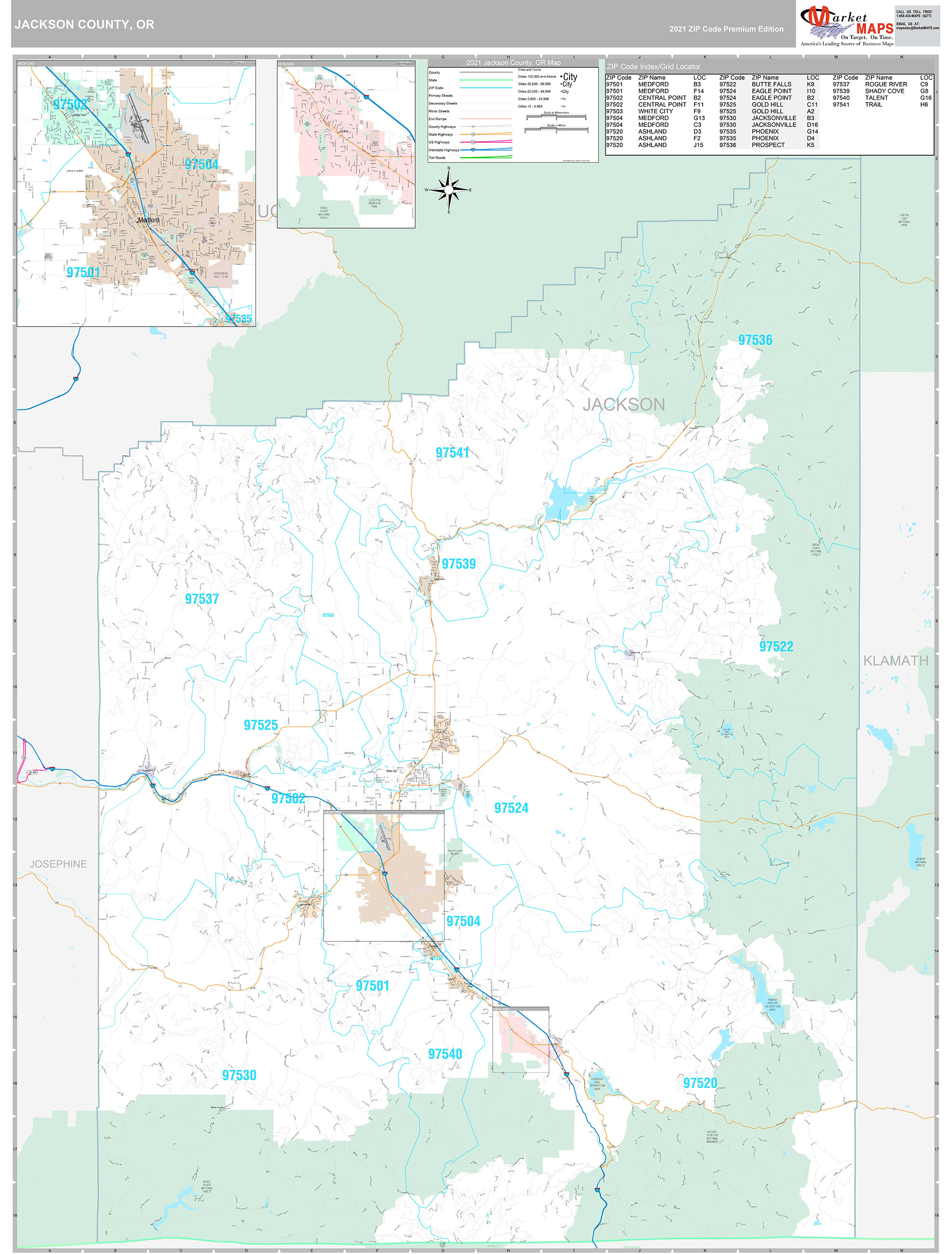 Jackson County, OR Wall Map Premium Style by MarketMAPS MapSales
