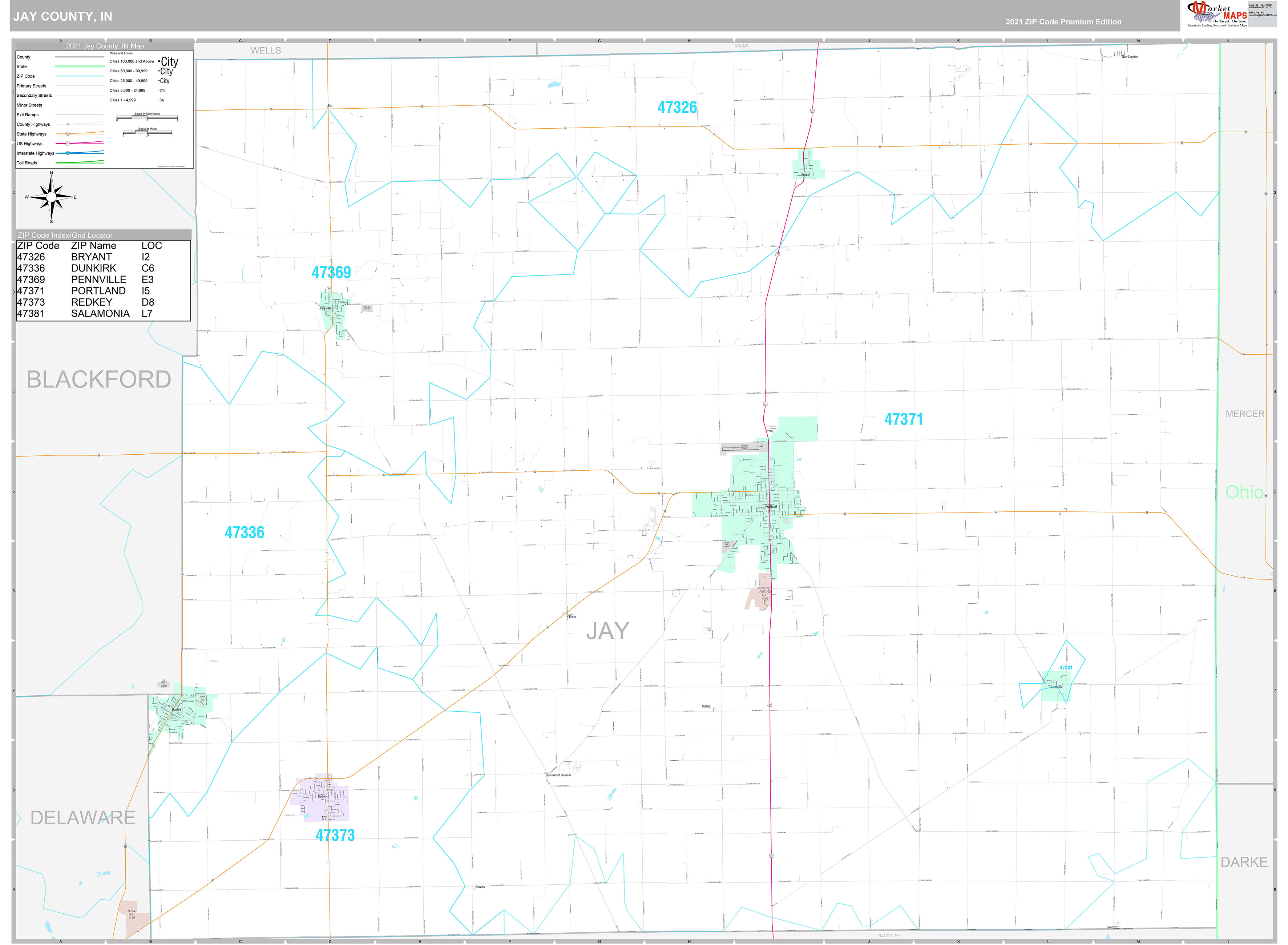 Jay County, IN Wall Map Premium Style by MarketMAPS MapSales