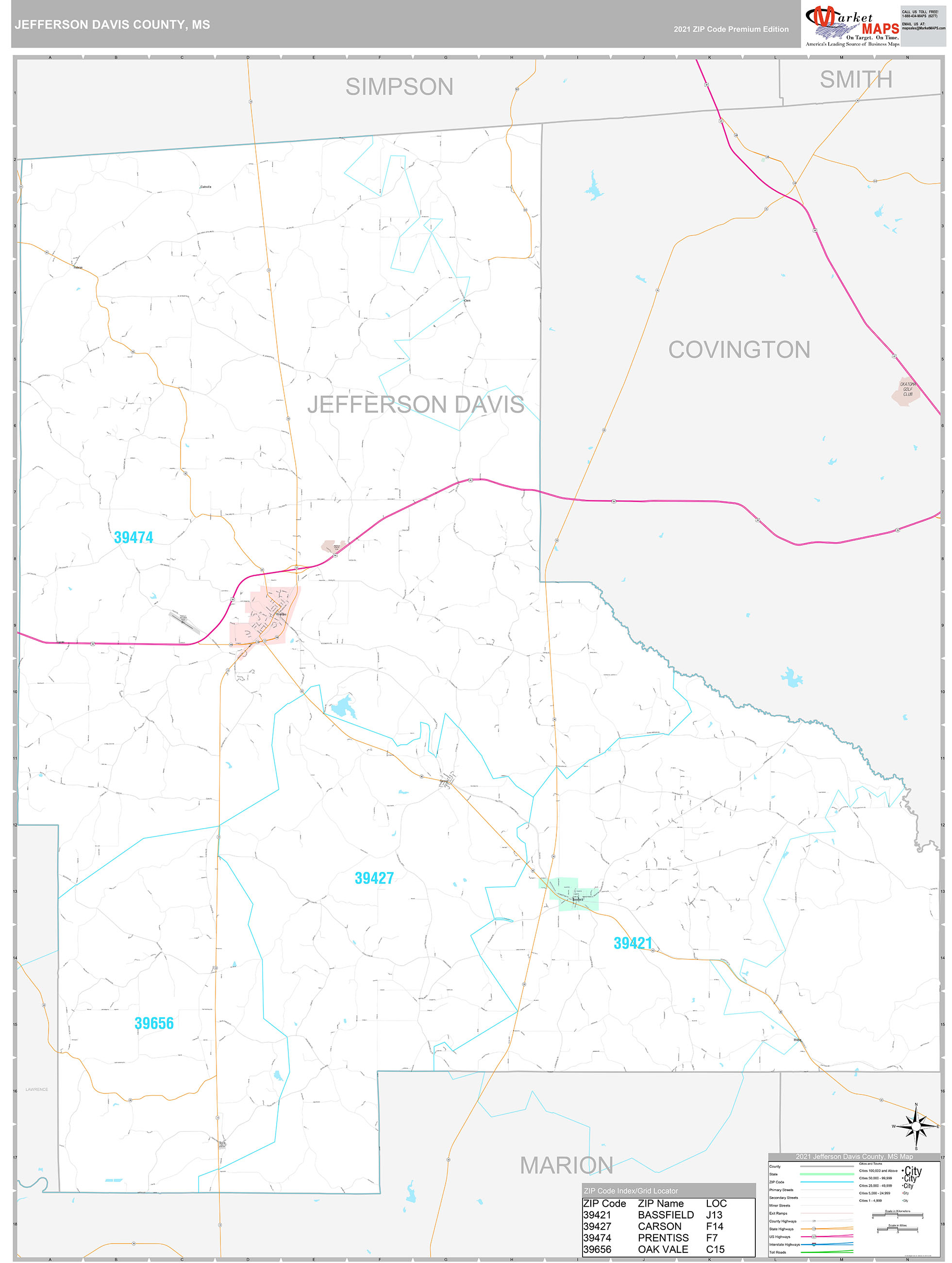 Jefferson Davis County, MS Wall Map Premium Style by MarketMAPS