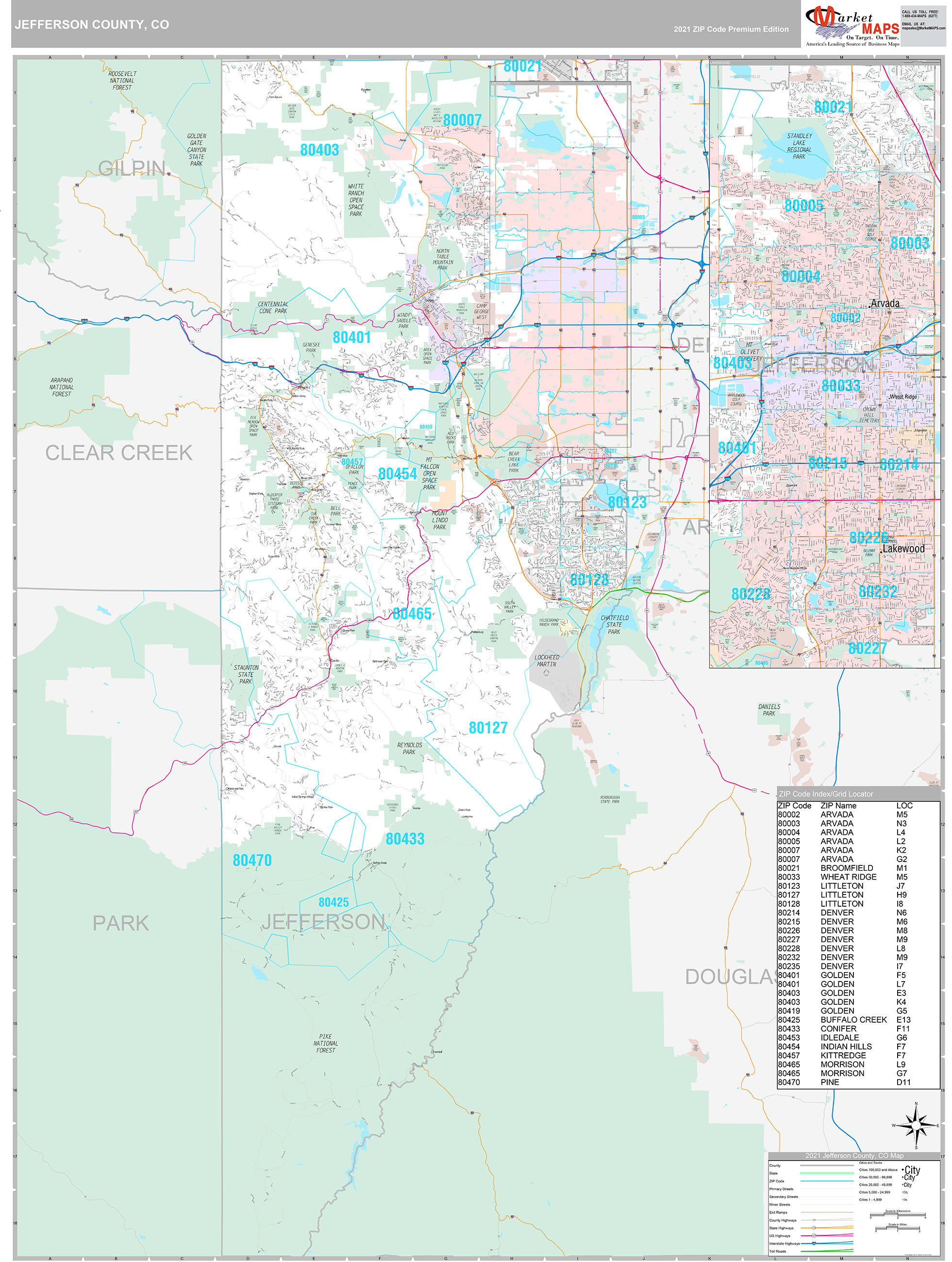 Jefferson County, CO Wall Map Premium Style by MarketMAPS