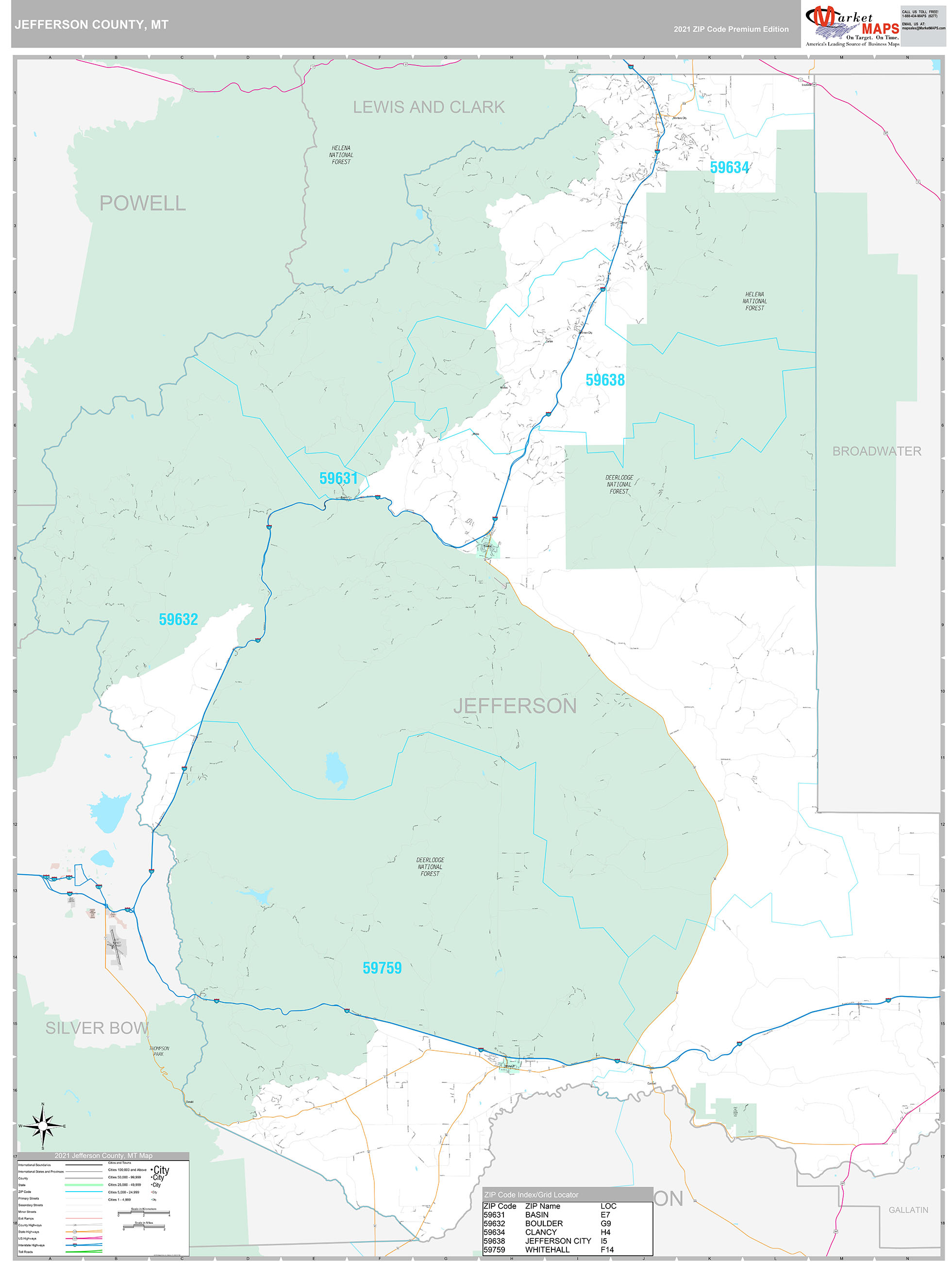 Jefferson County, MT Wall Map Premium Style by MarketMAPS