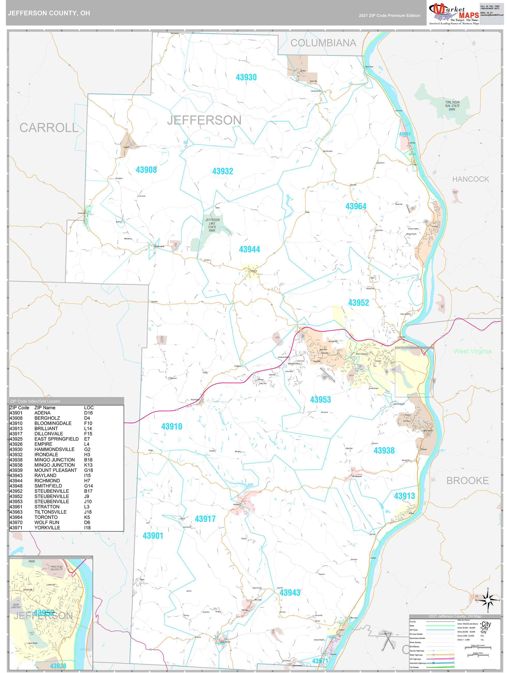 Jefferson County, OH Wall Map Premium Style by MarketMAPS