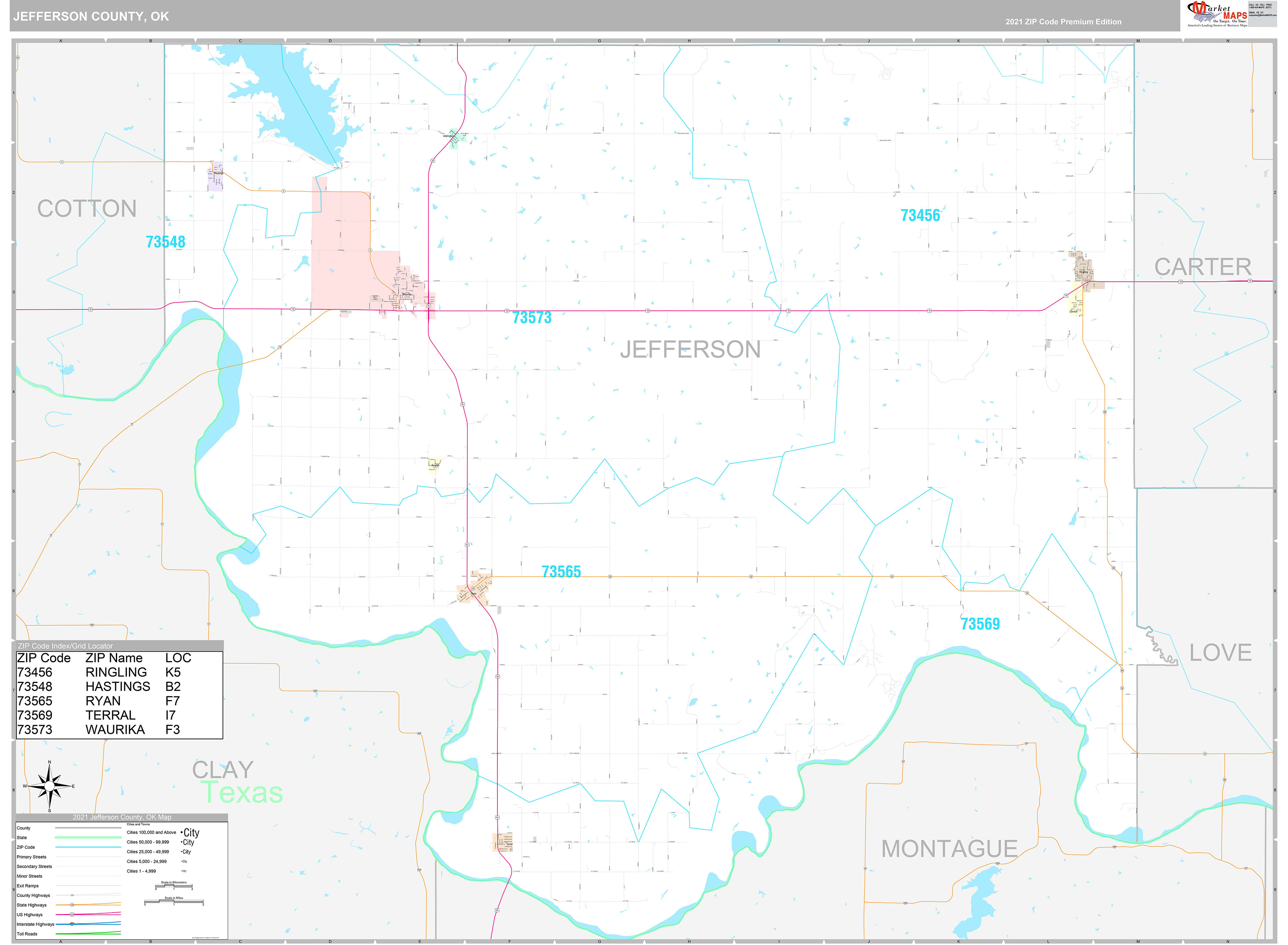 Jefferson County, OK Wall Map Premium Style by MarketMAPS