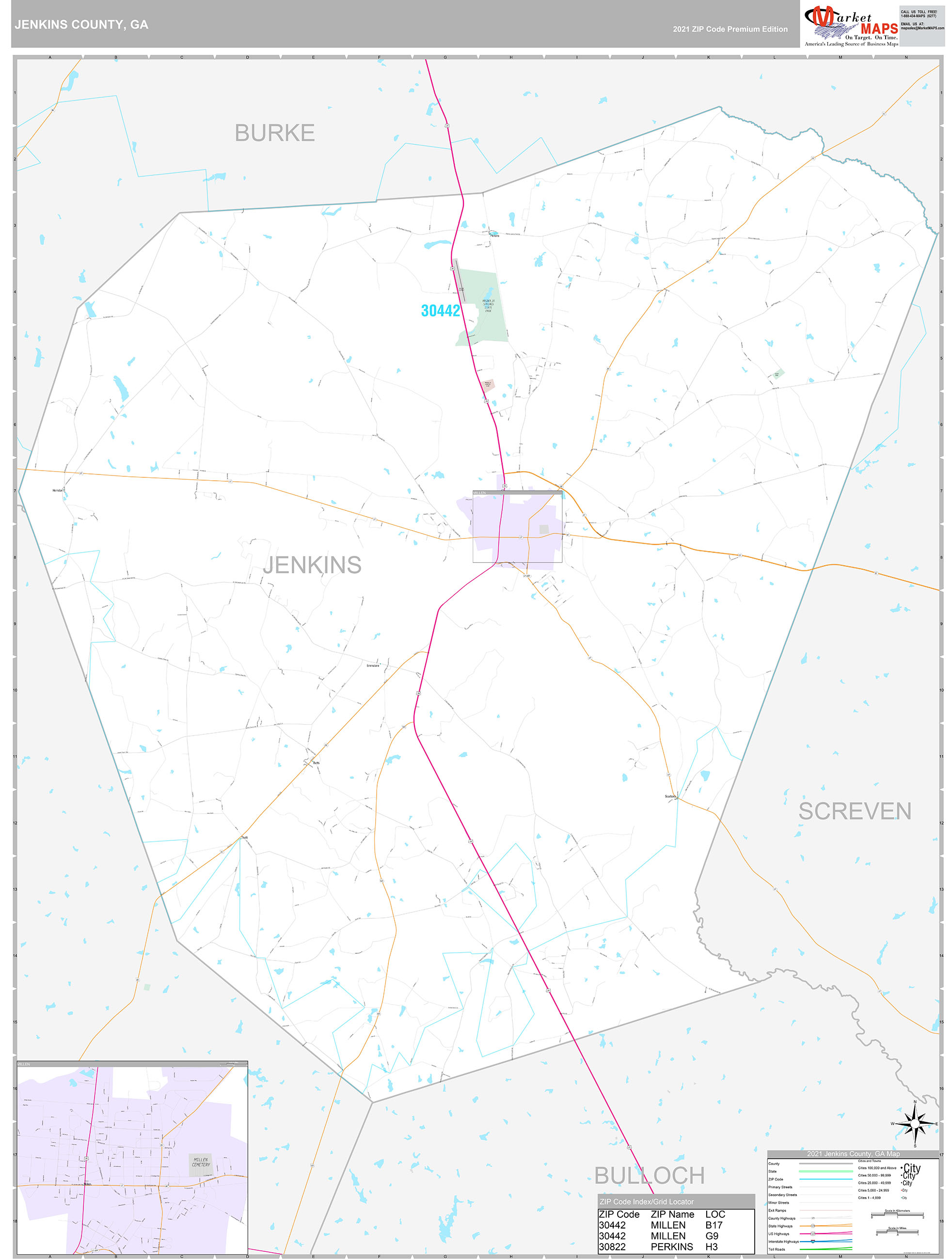 Jenkins County, GA Wall Map Premium Style by MarketMAPS