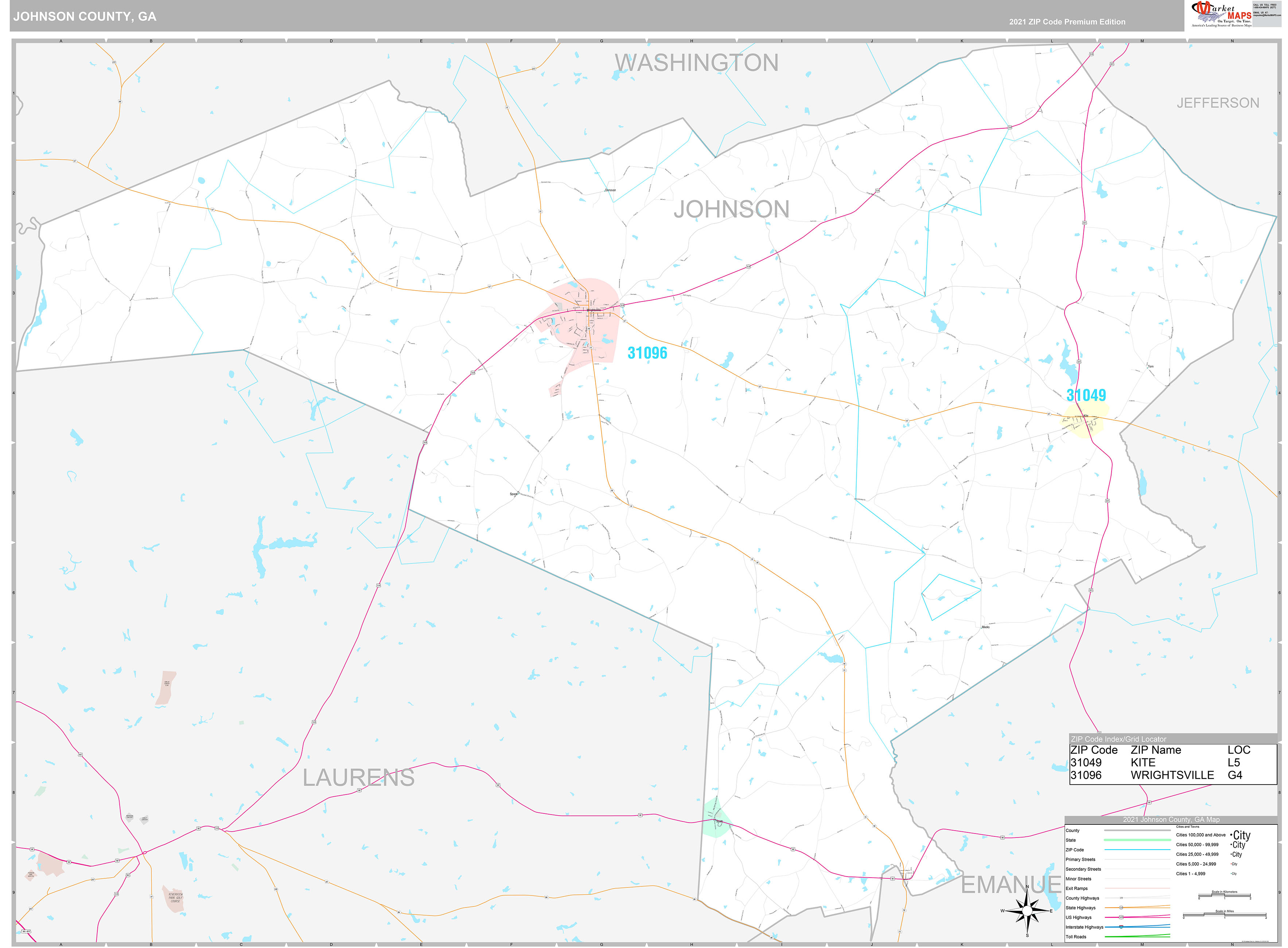 Johnson County, GA Wall Map Premium Style by MarketMAPS MapSales