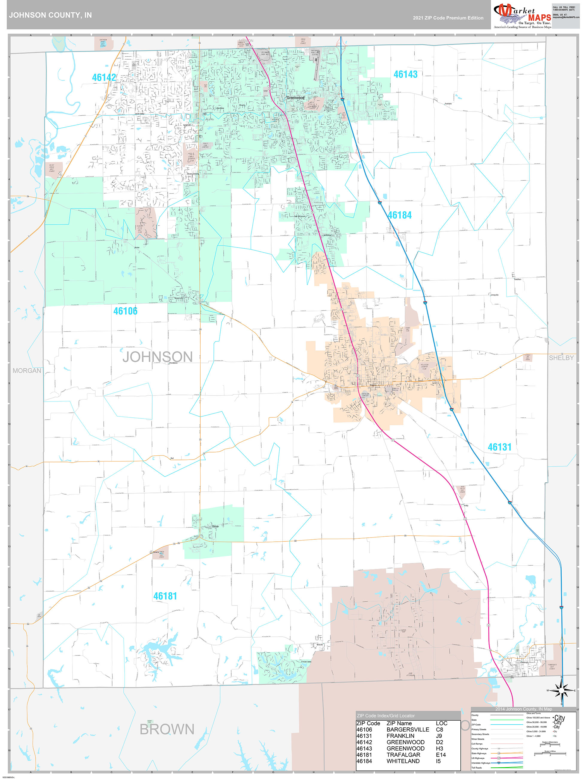Johnson County, IN Wall Map Premium Style by MarketMAPS