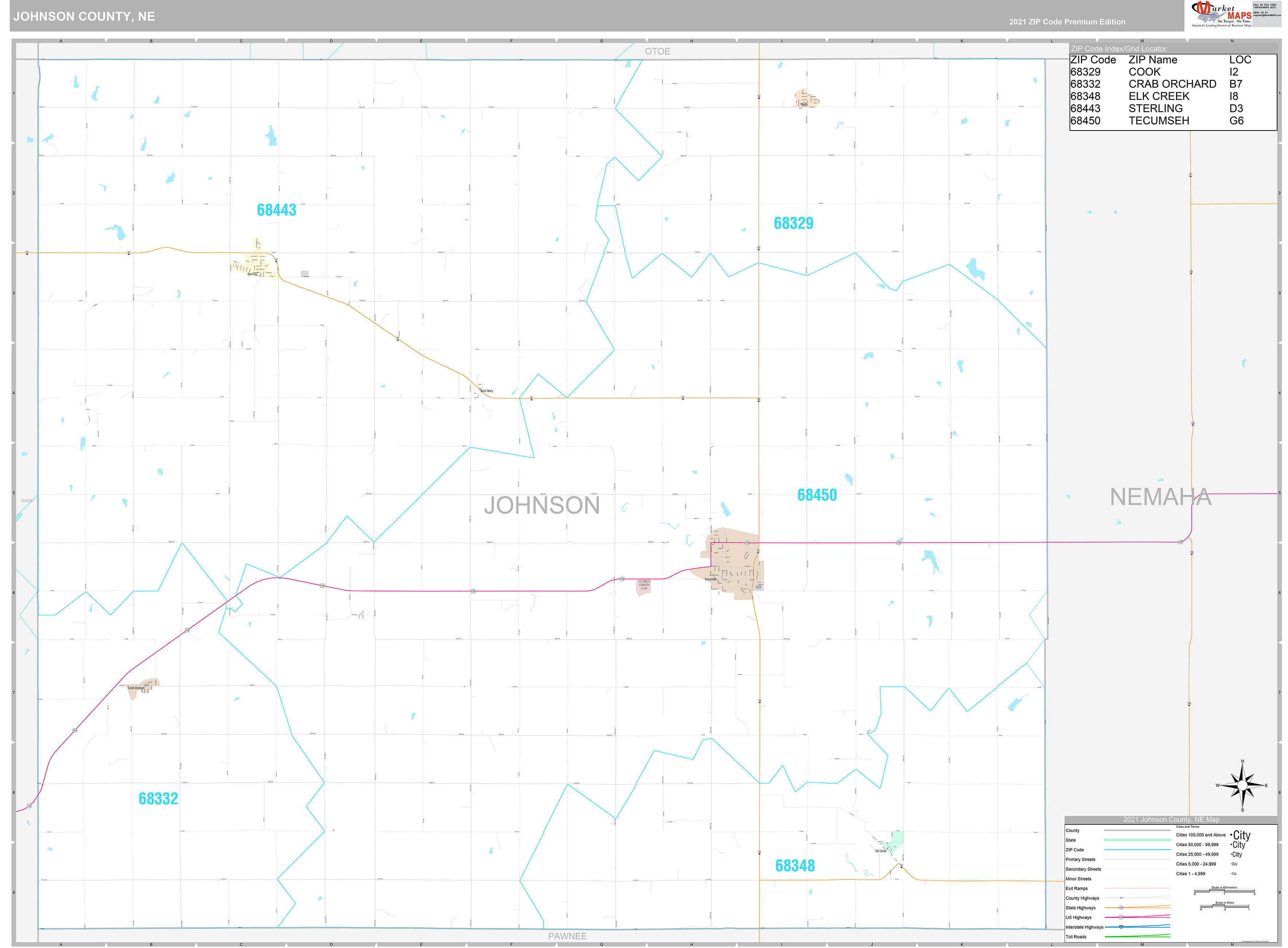Johnson County, NE Wall Map Premium Style by MarketMAPS