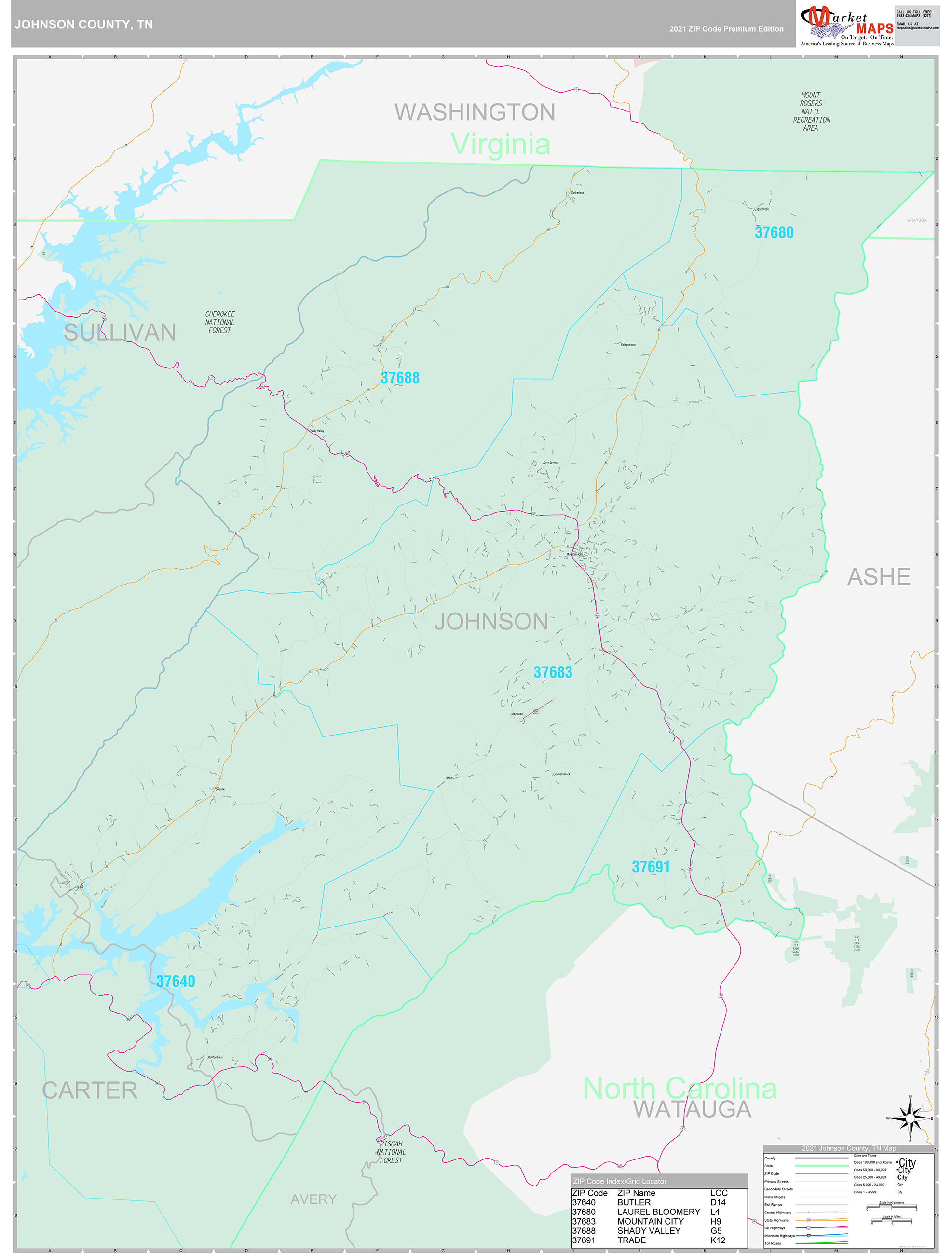 Johnson County Tn Wall Map Premium Style By Marketmaps Mapsales
