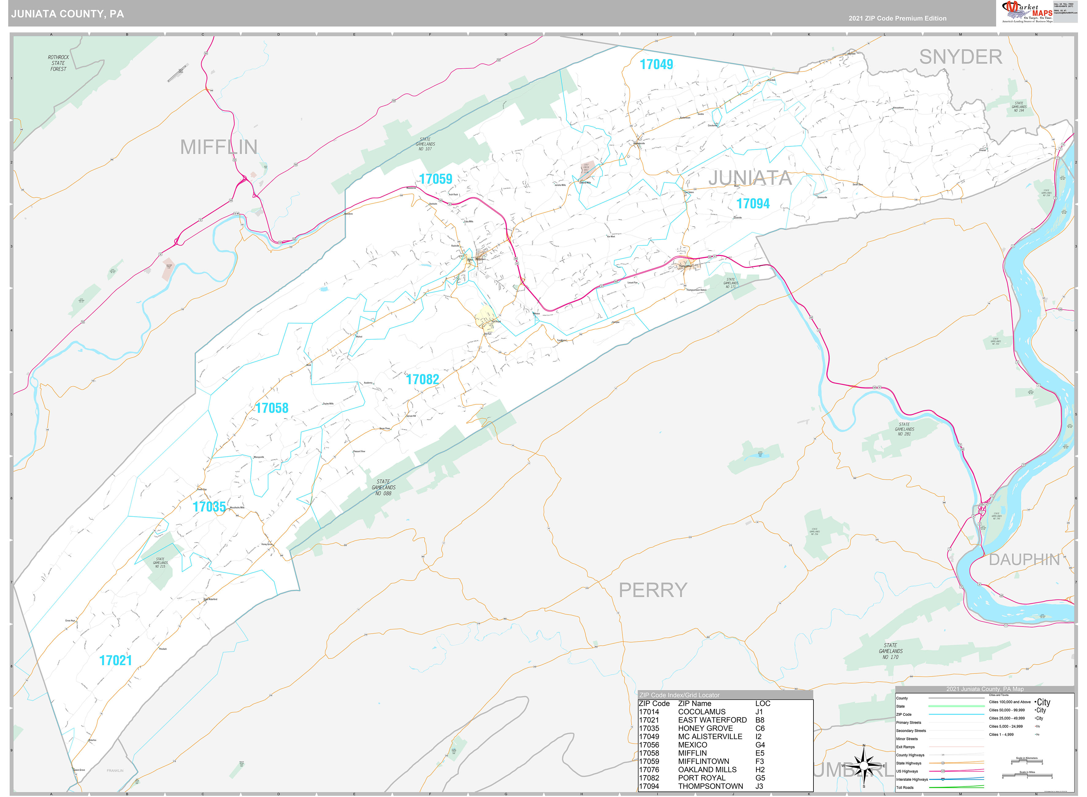 Juniata County, PA Wall Map Premium Style by MarketMAPS - MapSales