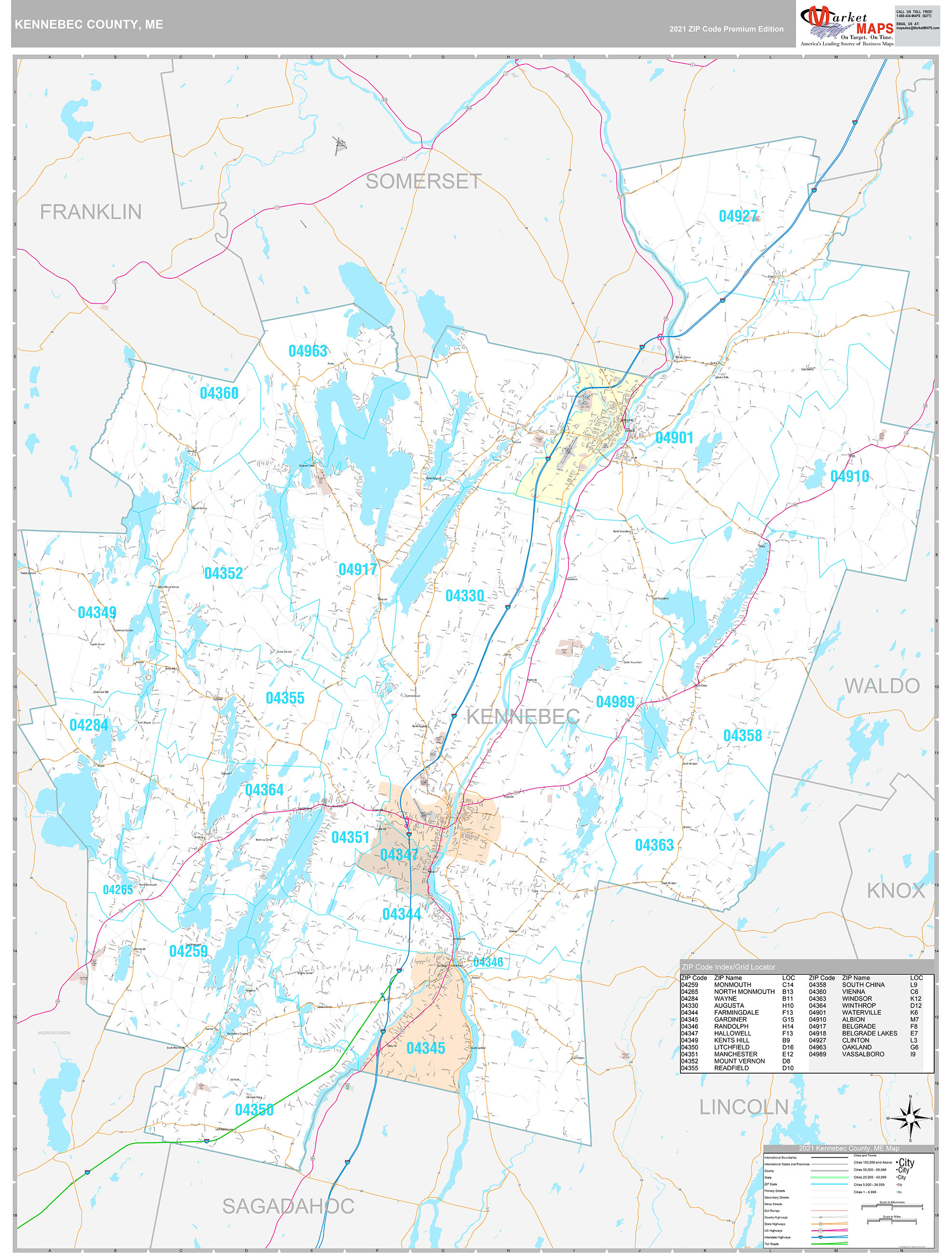 Kennebec County, ME Wall Map Premium Style by MarketMAPS