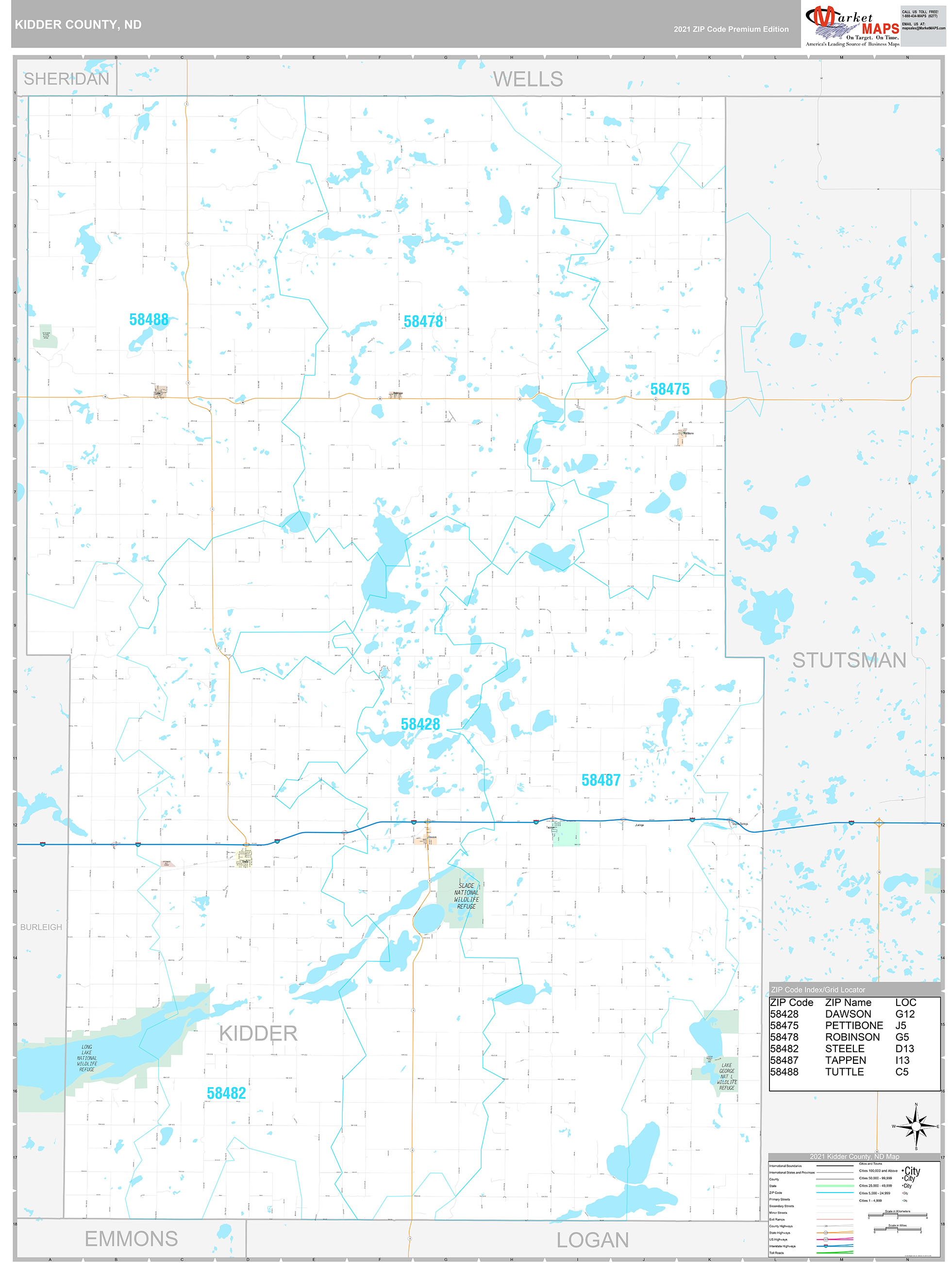 Kidder County, ND Wall Map Premium Style by MarketMAPS