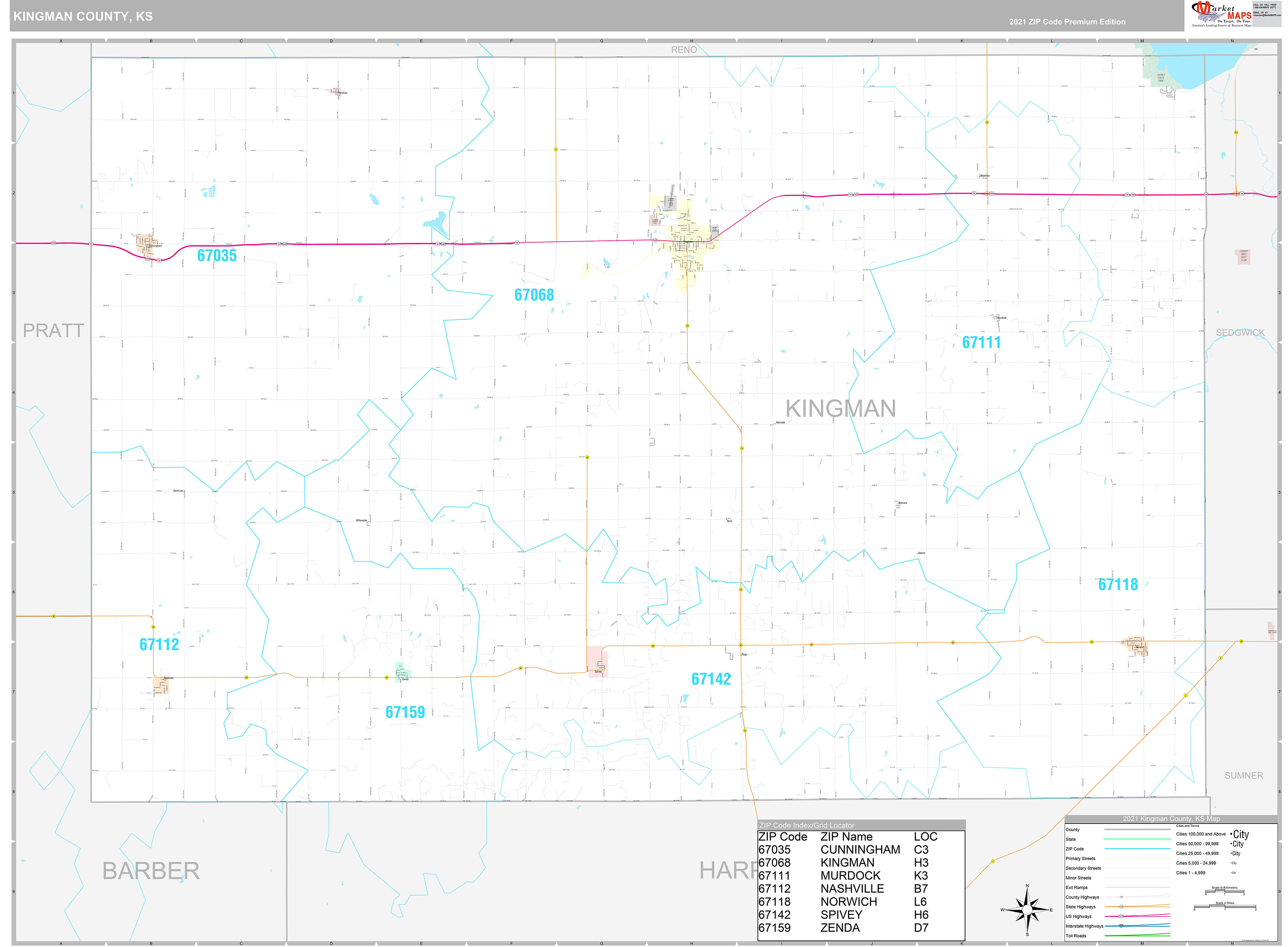 Kingman County, KS Wall Map Premium Style by MarketMAPS